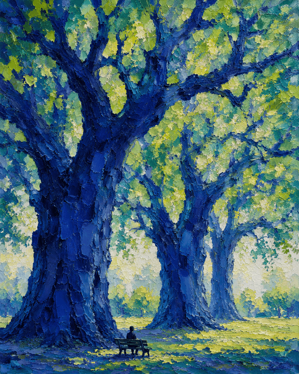 Vertical landscape oil painting, impasto thick paint texture