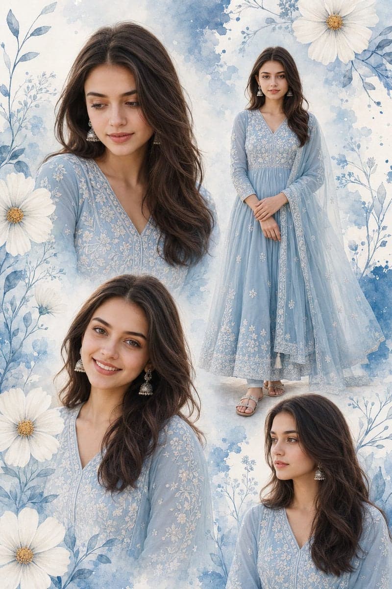 Multi-photo collage poster of a young Indian woman, 18–22 ye
