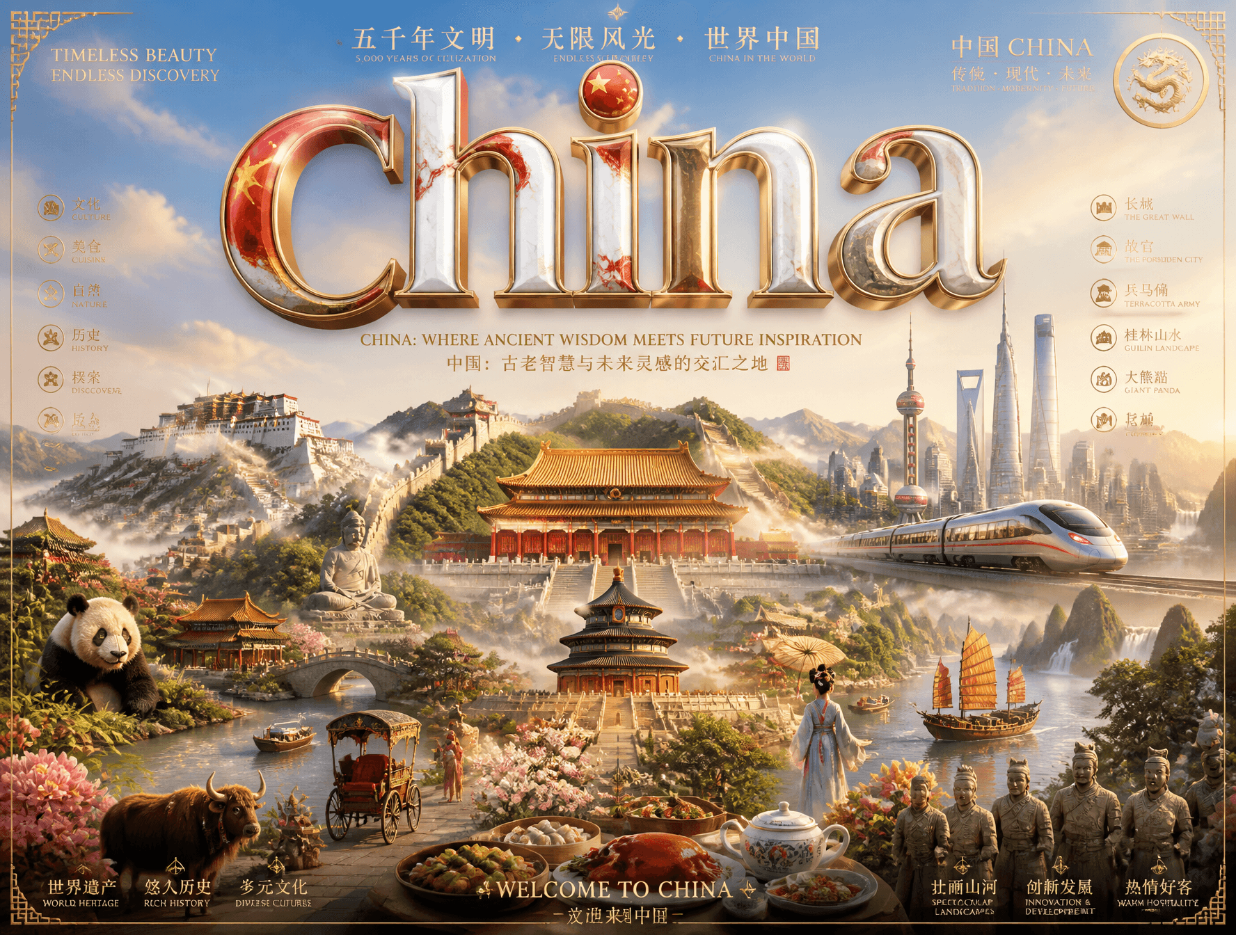 Ultra-premium cinematic 3D travel poster for [CHINA], bright