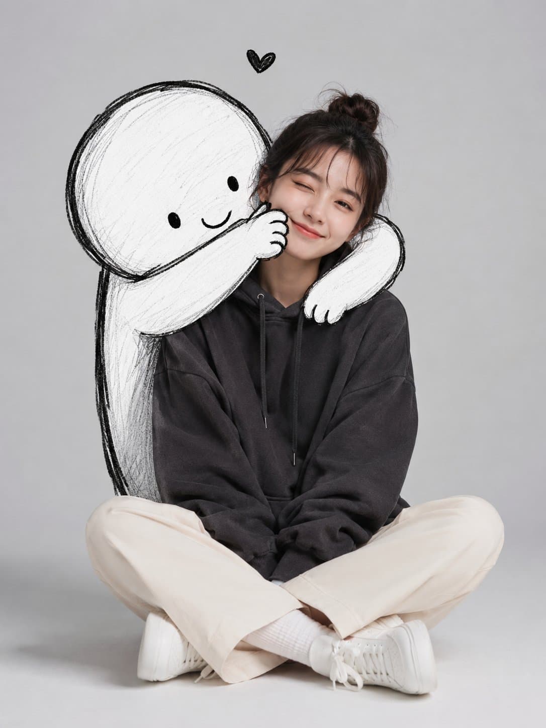 A cute minimalist portrait of a young woman sitting casually