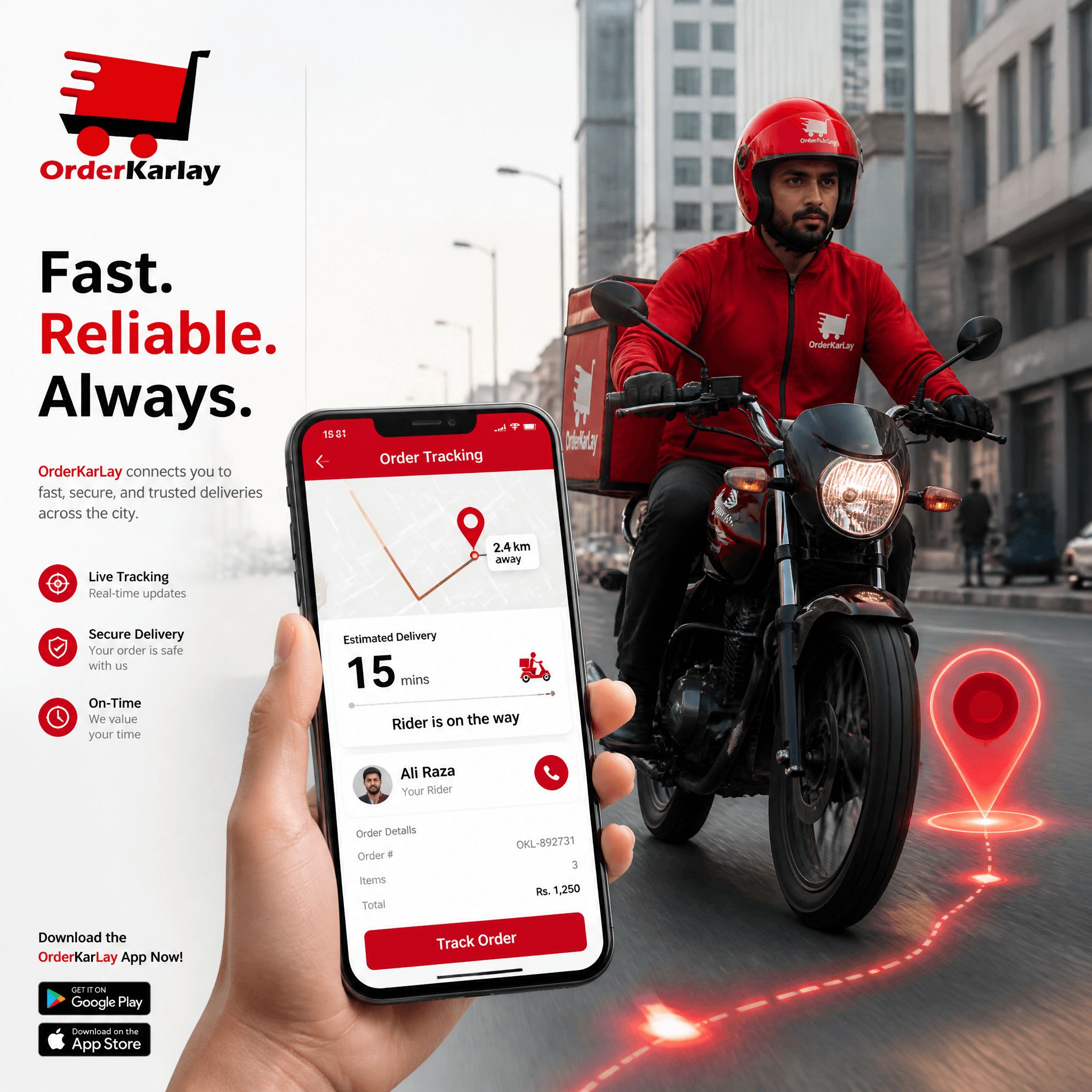 Subject & Action
A professional delivery rider in a crisp Or