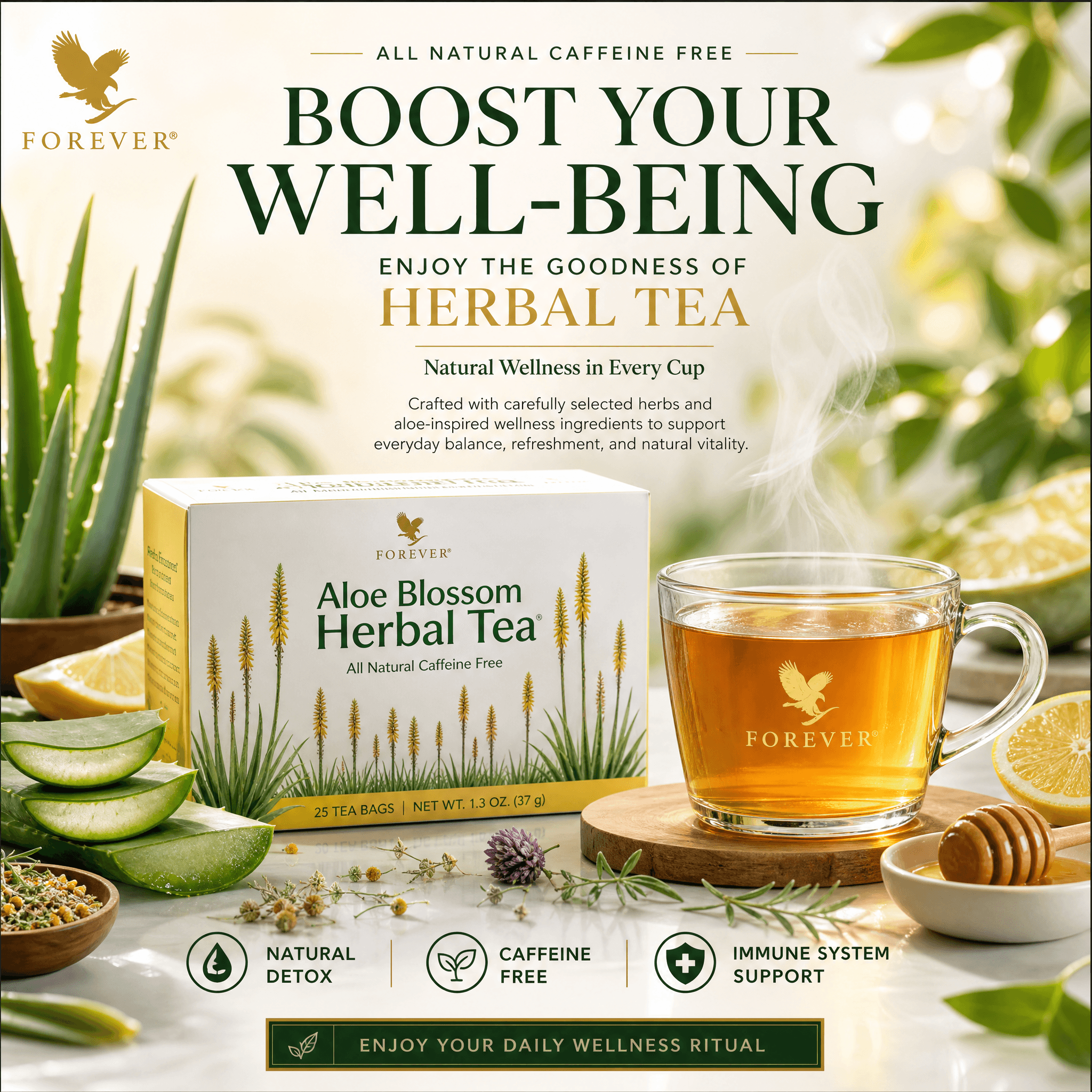 Create a premium wellness advertising poster for a herbal te