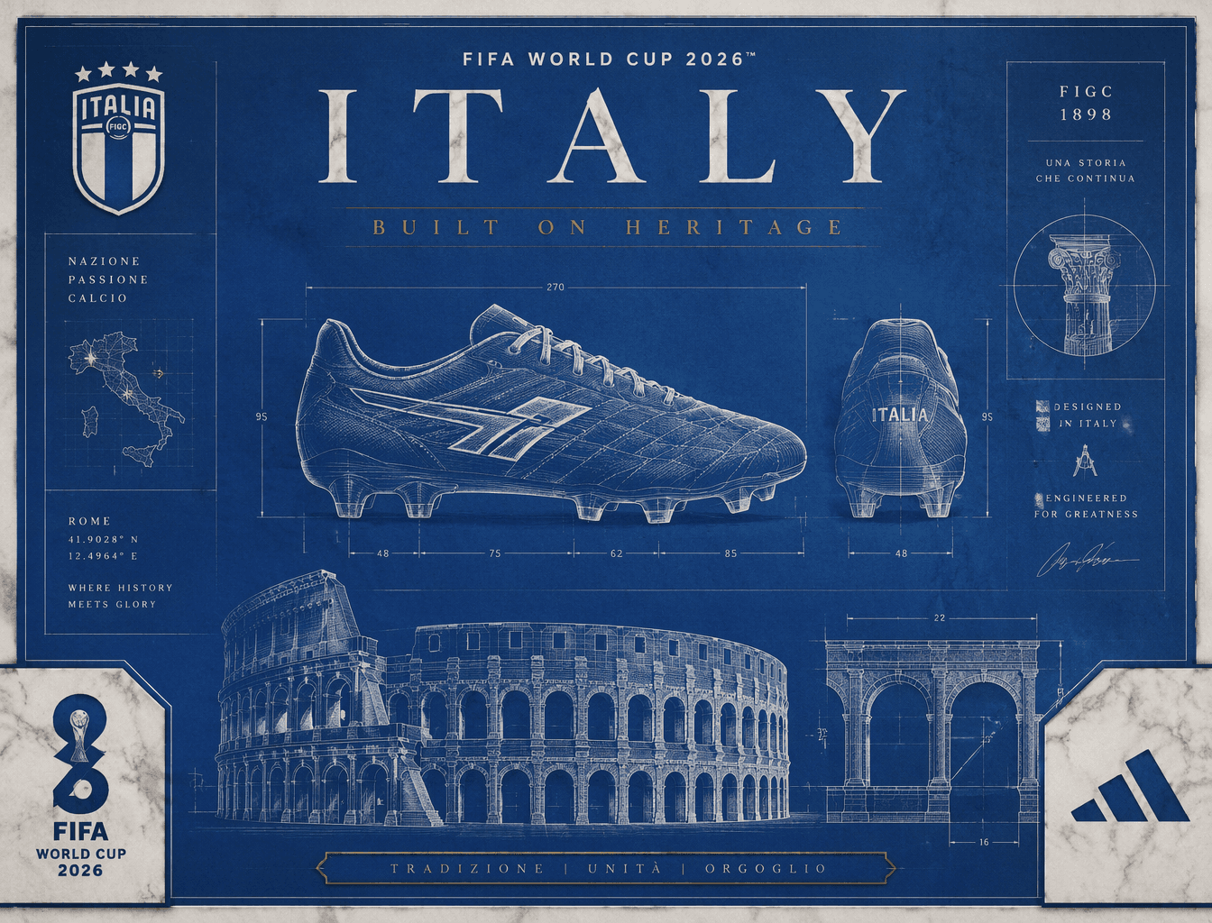 FIFA World Cup 2026 Italy blueprint poster, azure-blue and w