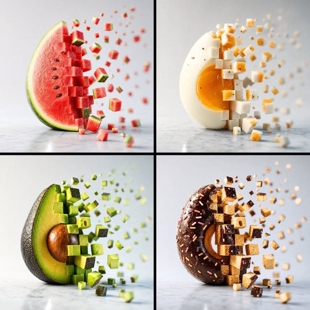Minimalist food photograph — a single [Food] sits on a cool 