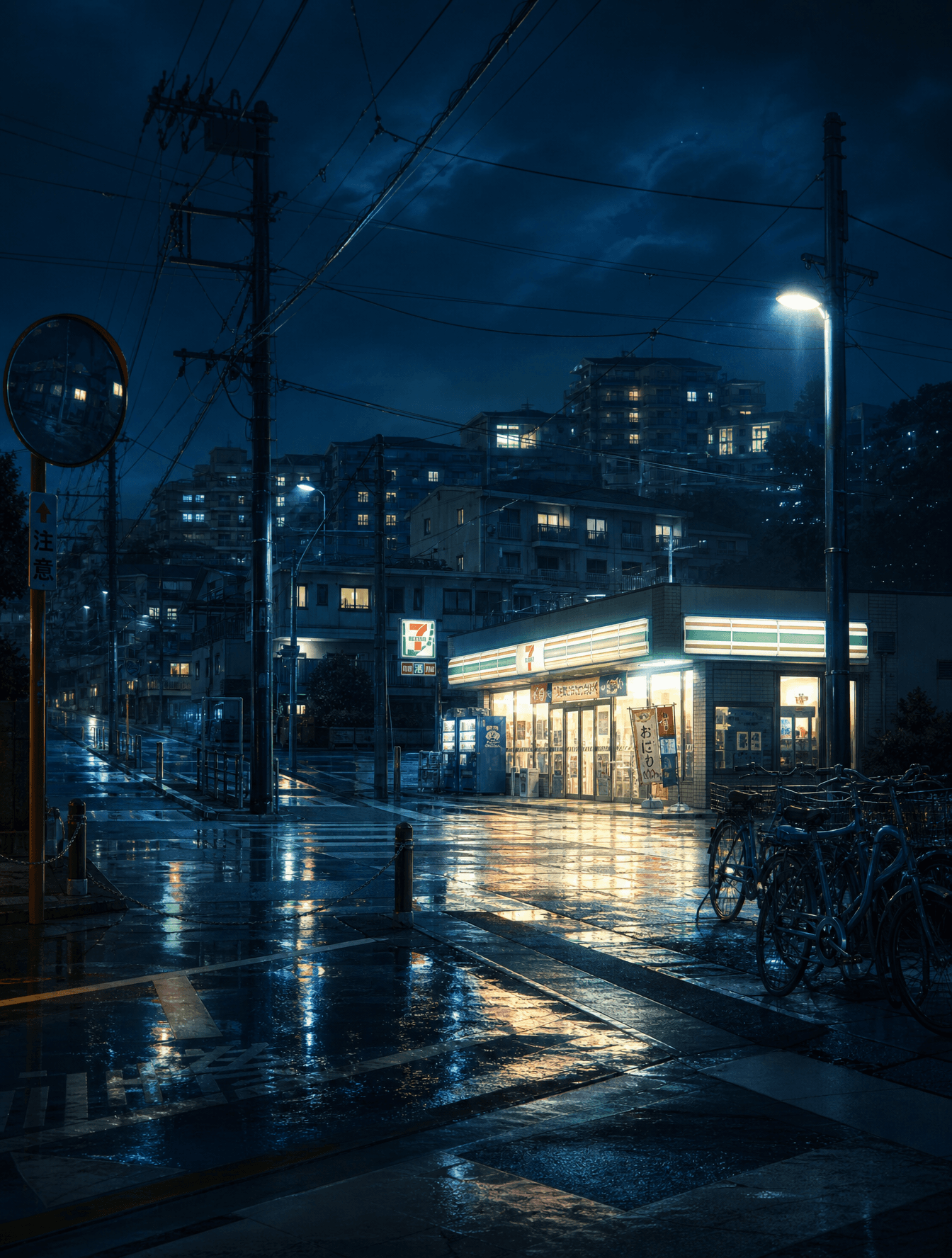 A lonely 24-hour convenience store glowing at midnight besid