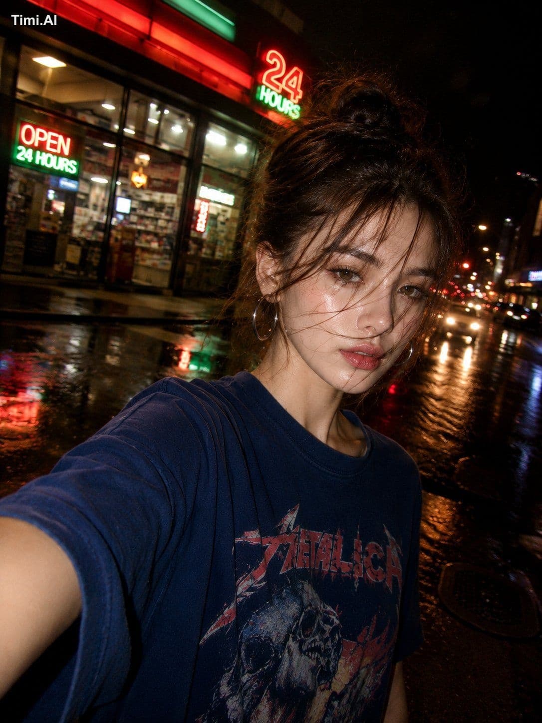 Create an ultra-realistic nighttime street selfie of a beaut