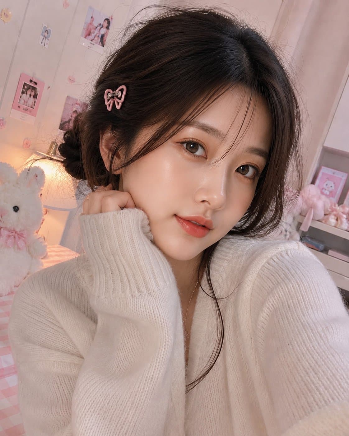 Ultra-realistic close-up indoor selfie portrait of a beautif