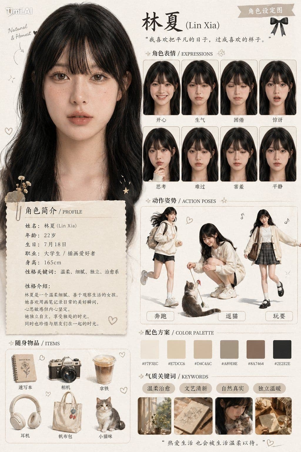 基于上传的图像创建一个角色设计图。
设计:角色简介海报
包括:
1. 大型主肖像
2. 各种面部表情(开心、生气