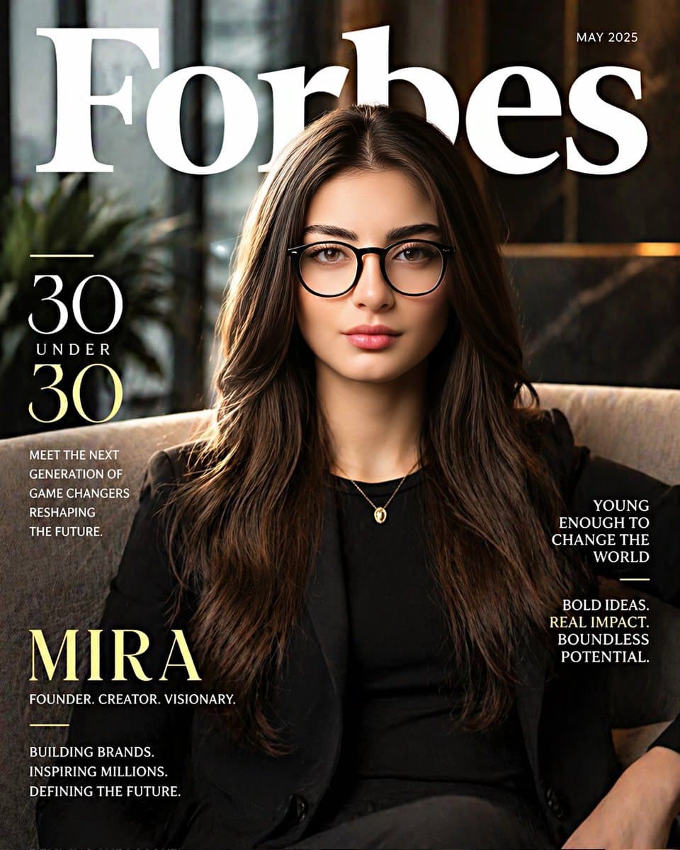 Create a hyper-realistic Forbes “30 Under 30” magazine-style