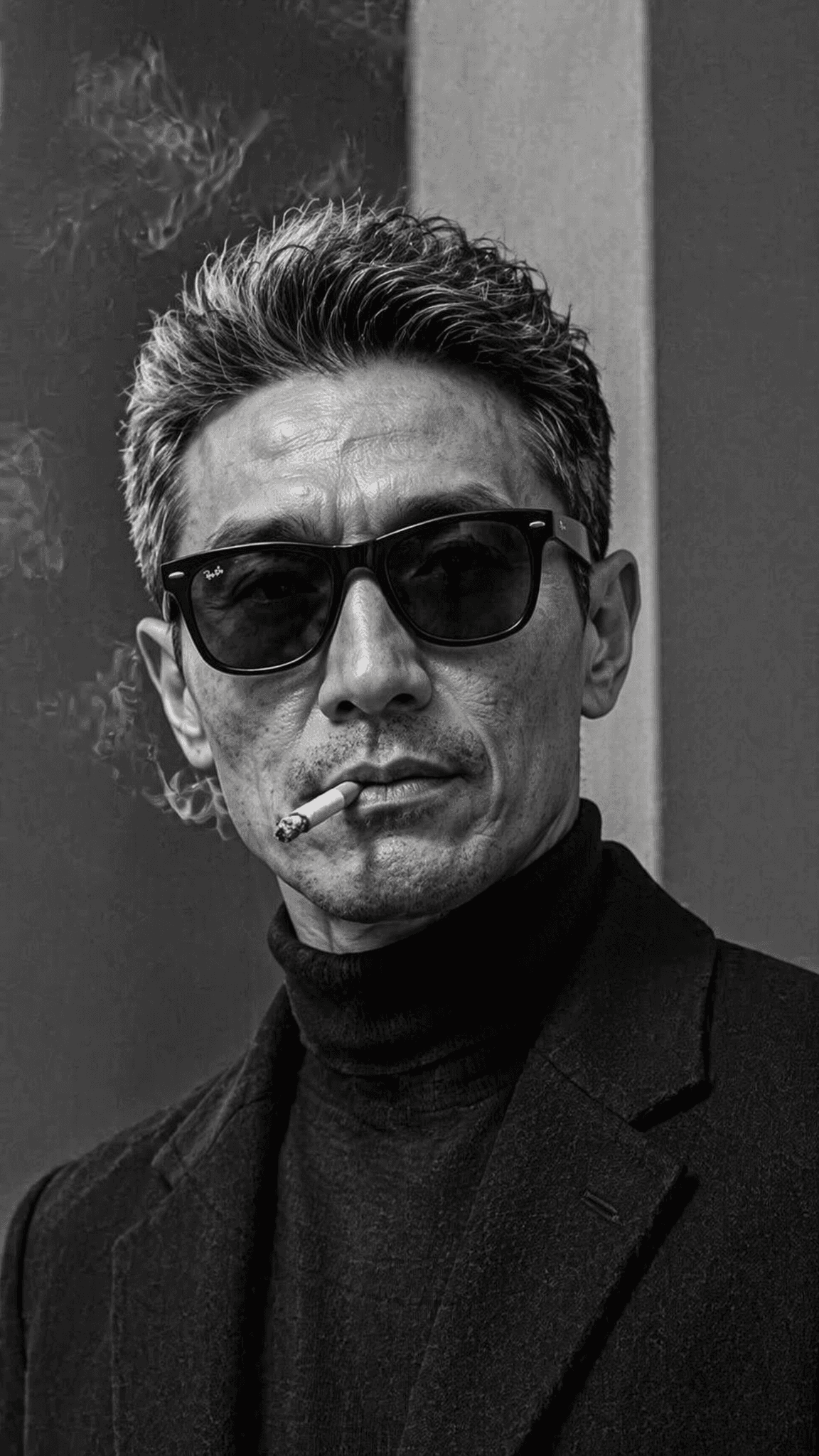 Ultra-realistic fashion black and white portrait of a man wi