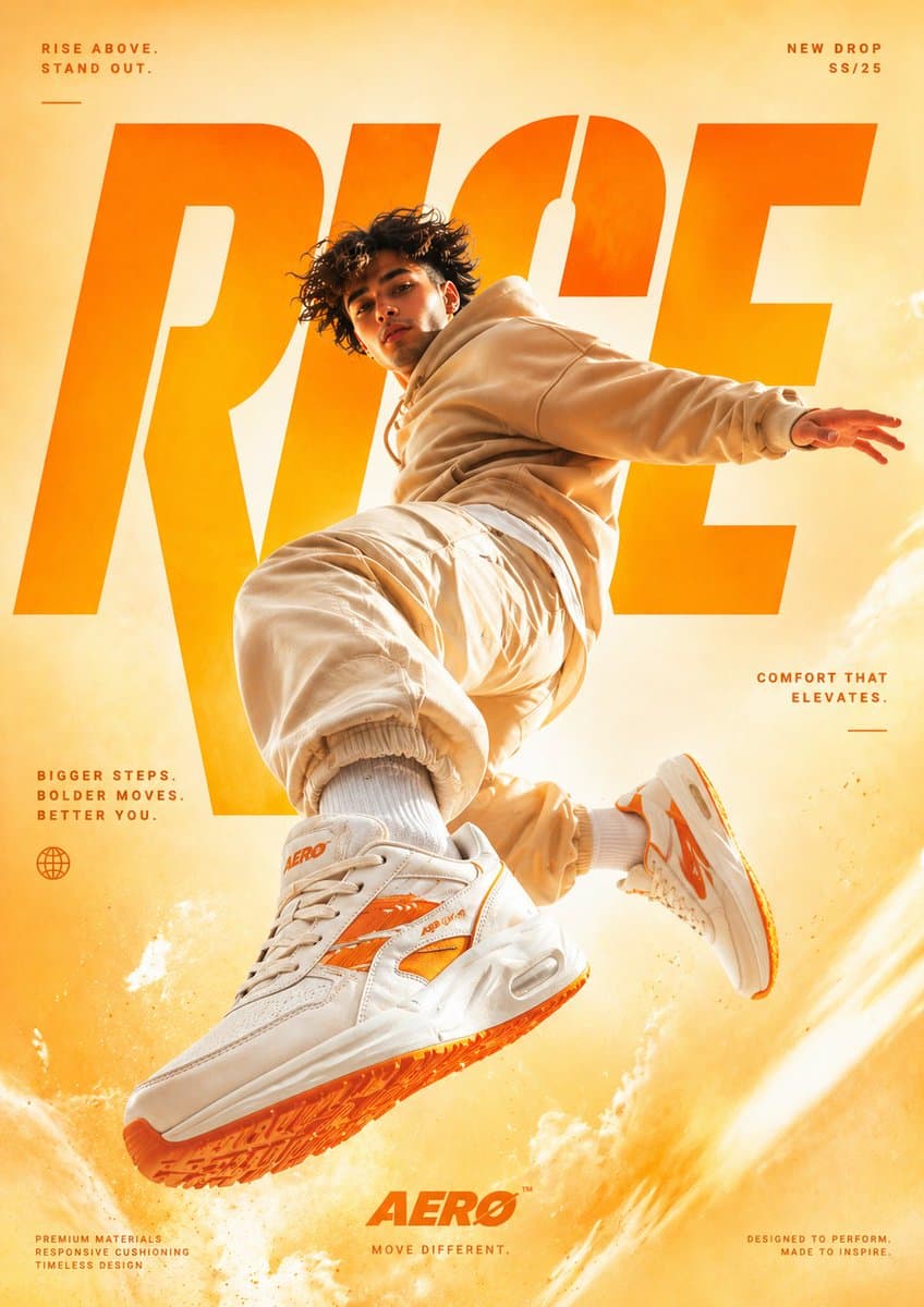 A cinematic, high-end sneaker advertisement poster featuring