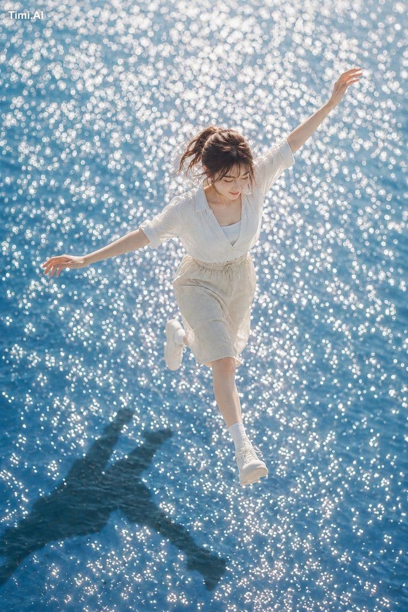 縦長3:4の写真。きらめく青い水面の上を、ひとりの女性が軽く跳ねるように歩いている瞬間。人物は画面中央やや右寄りに全身で