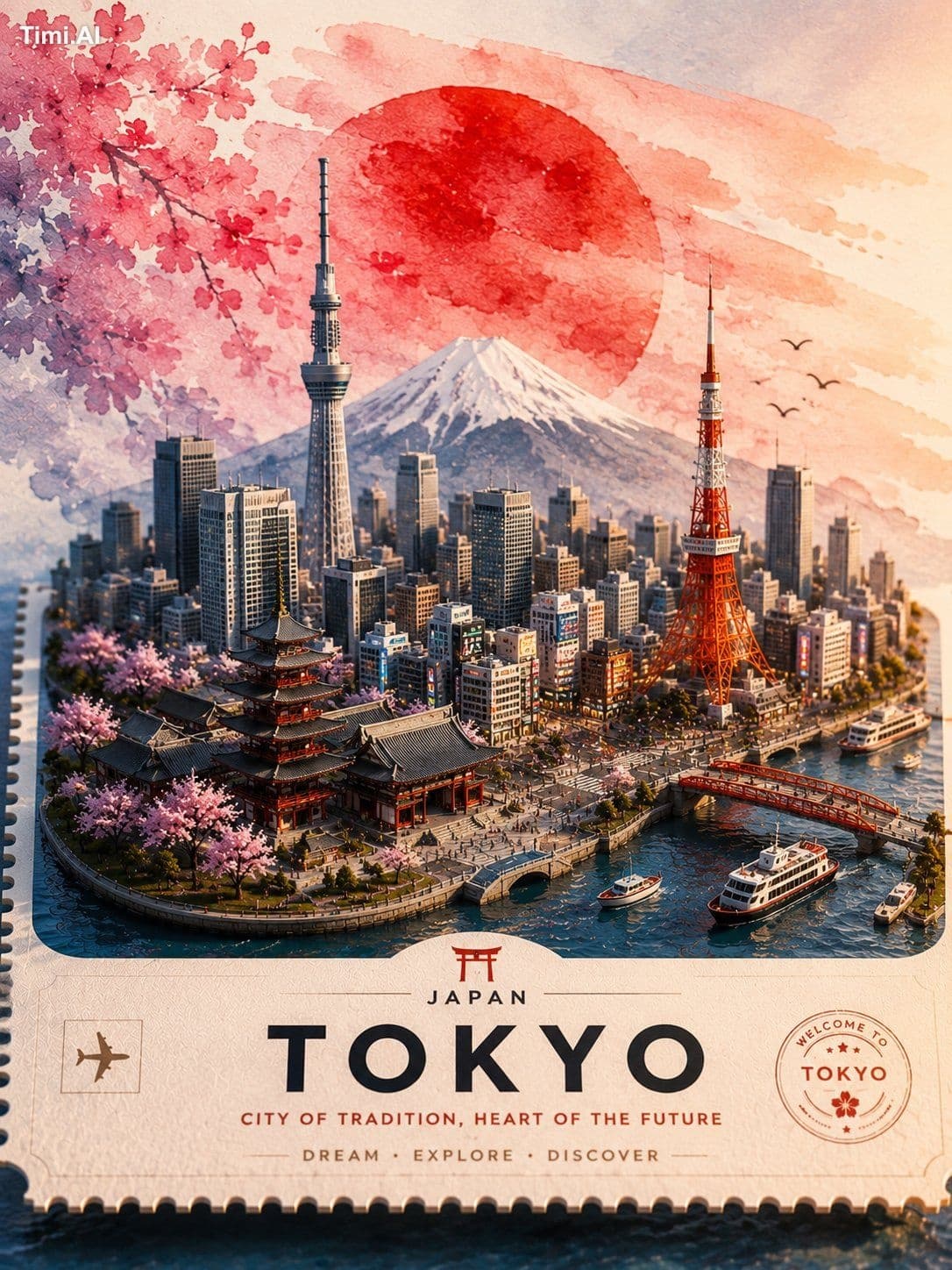 Ultra-detailed vintage travel poster illustration of Tokyo,