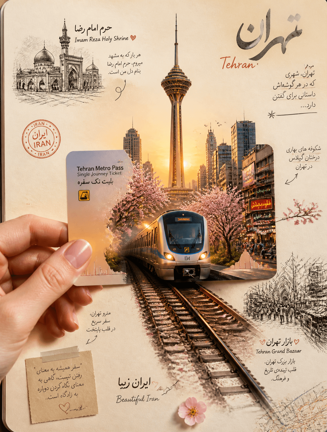 A highly aesthetic travel-journal collage of Iran, designed 