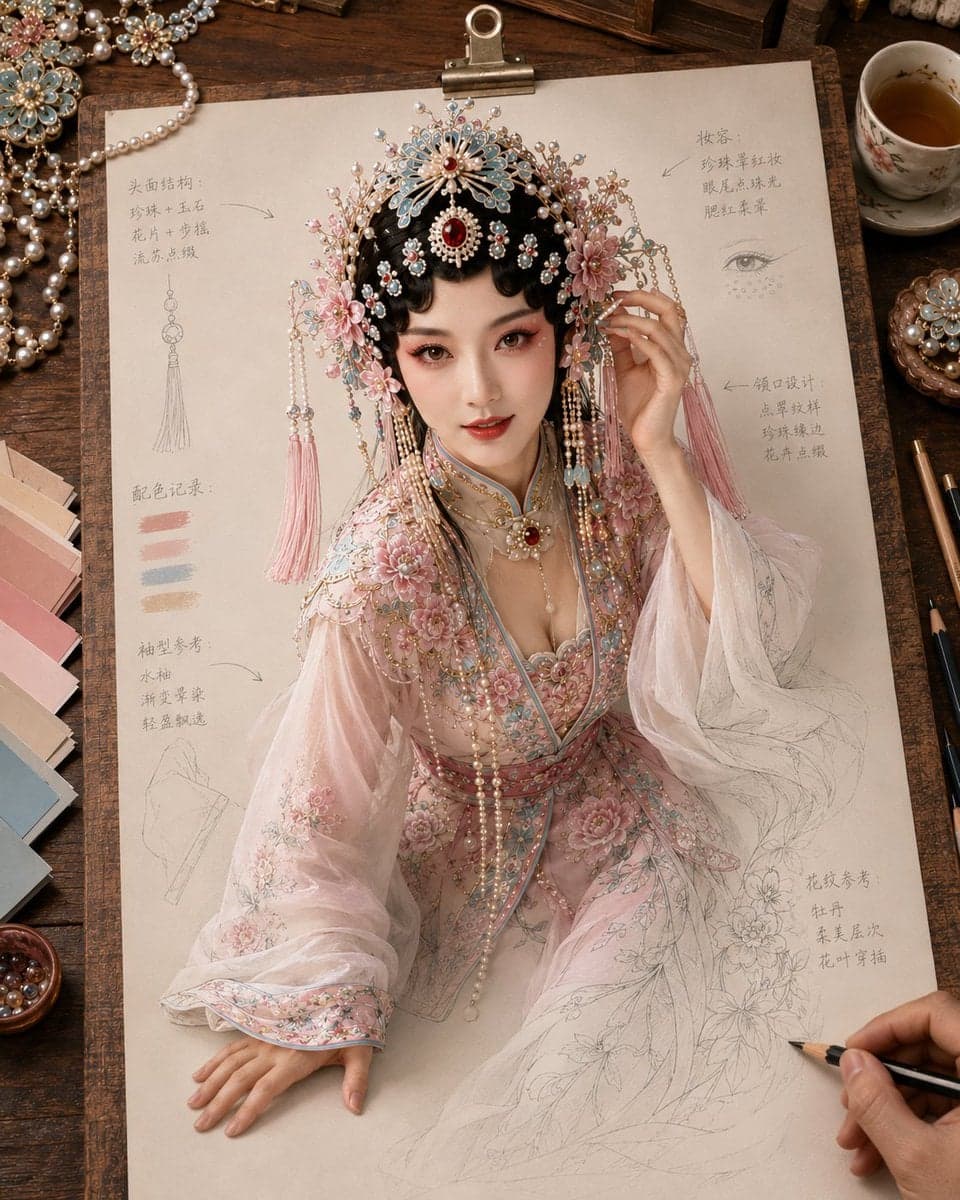 生成一张《纸上成真 · 戏韵妆造稿》风格图片，4:5 竖版。

主题为[主题]。画面是一张米白色戏曲妆造设定稿纸夹在木质