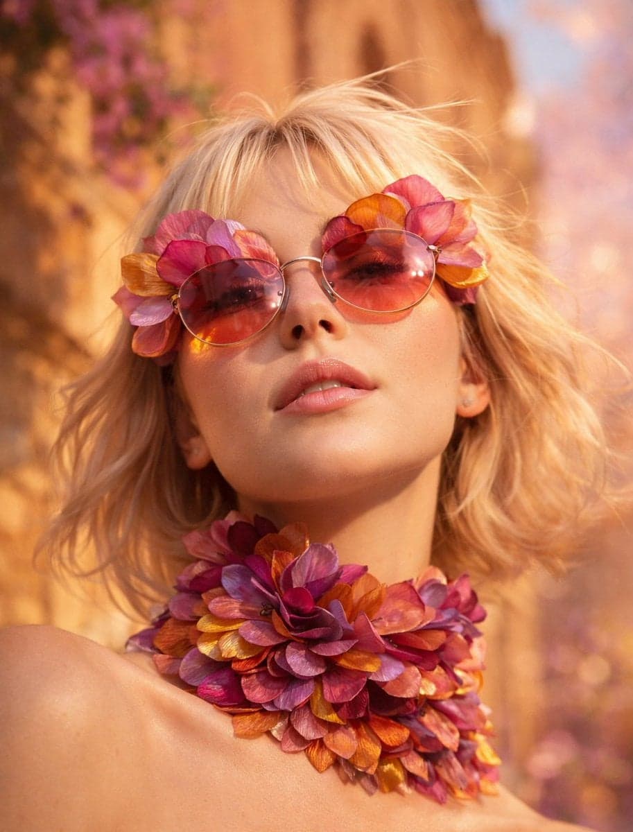 Low-angle close-up portrait of a platinum blonde woman weari