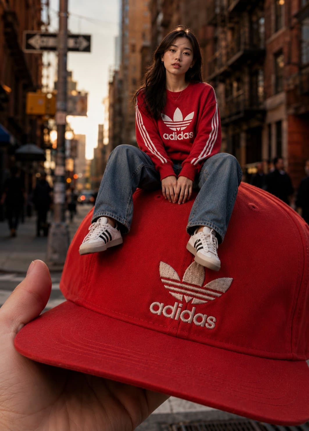 A photorealistic forced-perspective street photography scene