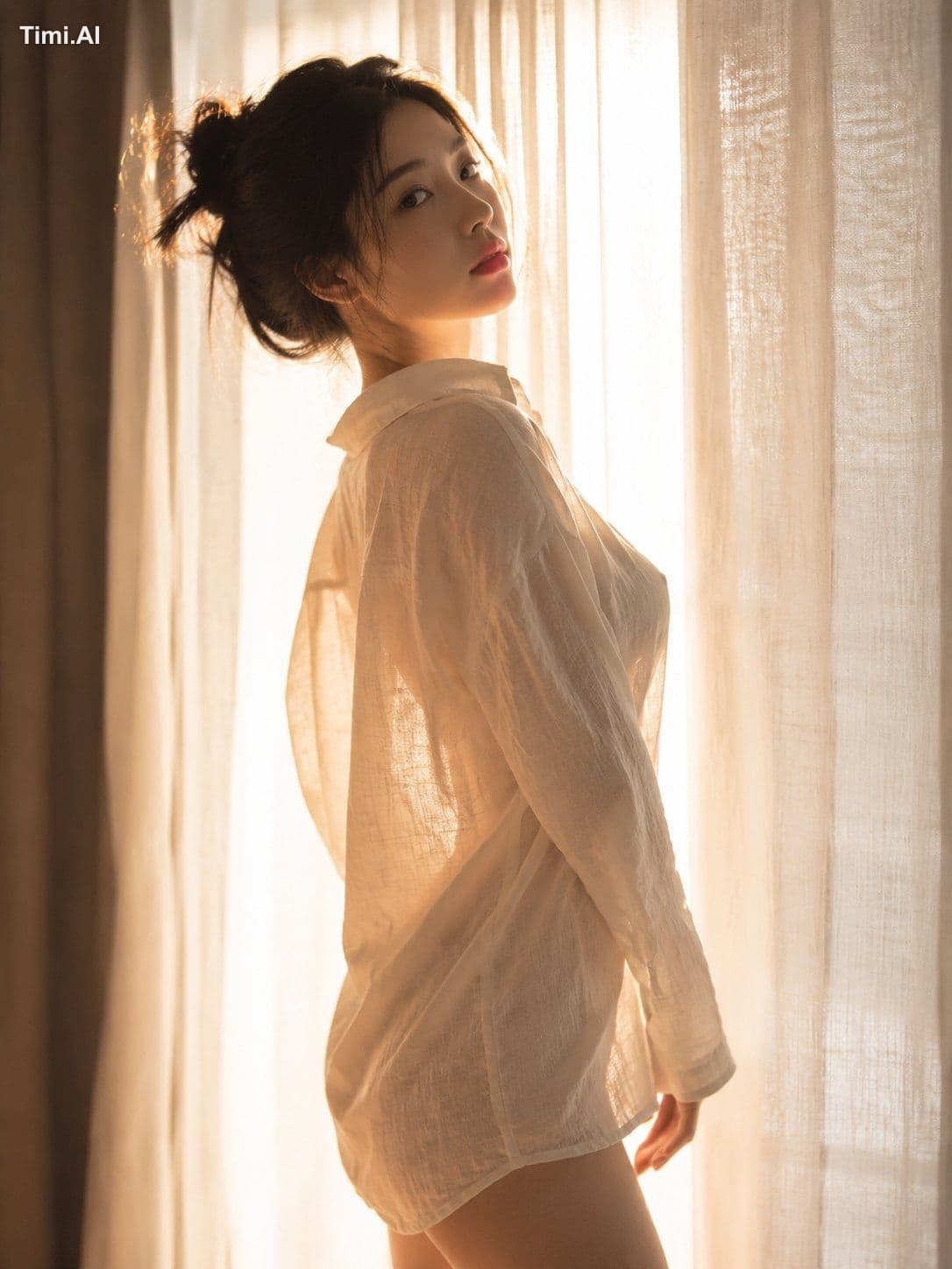 [一名23岁东亚女模特，穿着宽松的亚麻衬衫侧身站立。亚麻衬衫透光而不透明，在逆光的照射下，身体前、后的曲线展露无遗，姿态