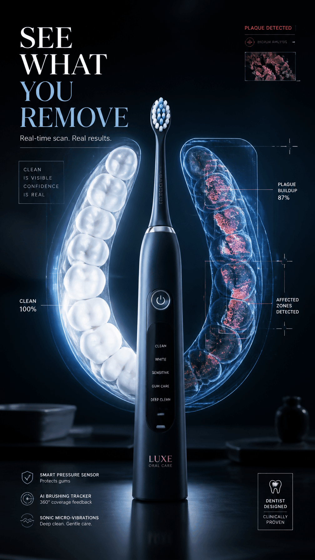 A premium 9:16 toothbrush advertising poster.Main Subject:A 