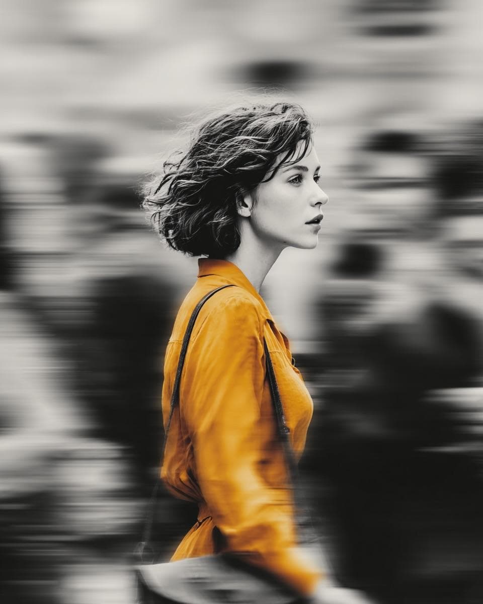 A cinematic street portrait of a beautiful young woman weari
