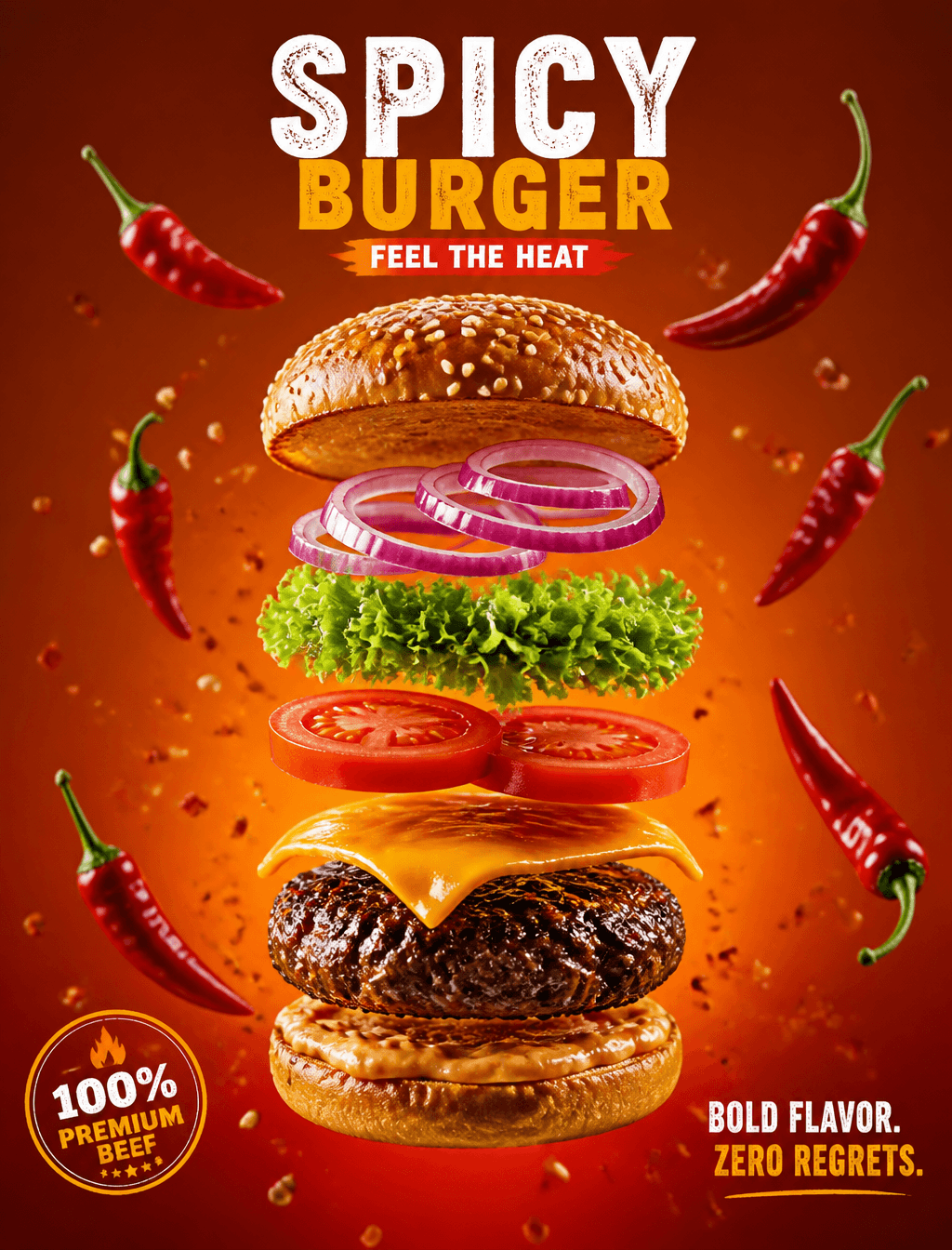 A deconstructed gourmet cheeseburger floats vertically in mi