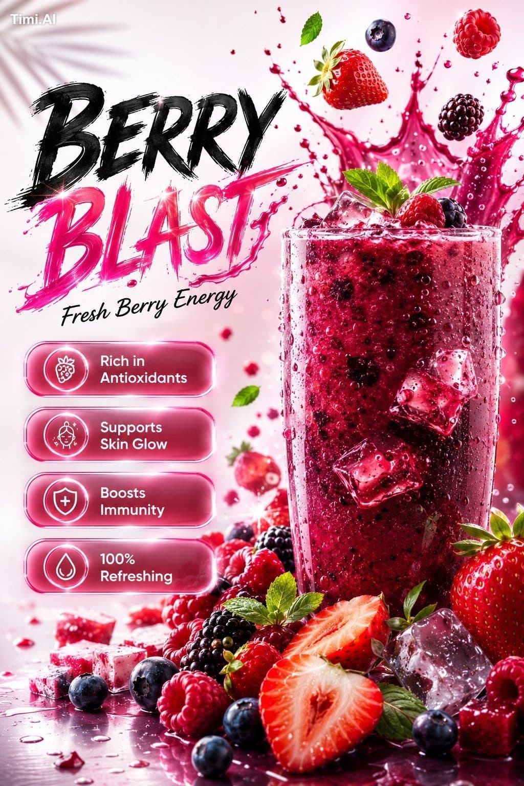 Ultra-realistic premium mixed berry beverage advertisement p