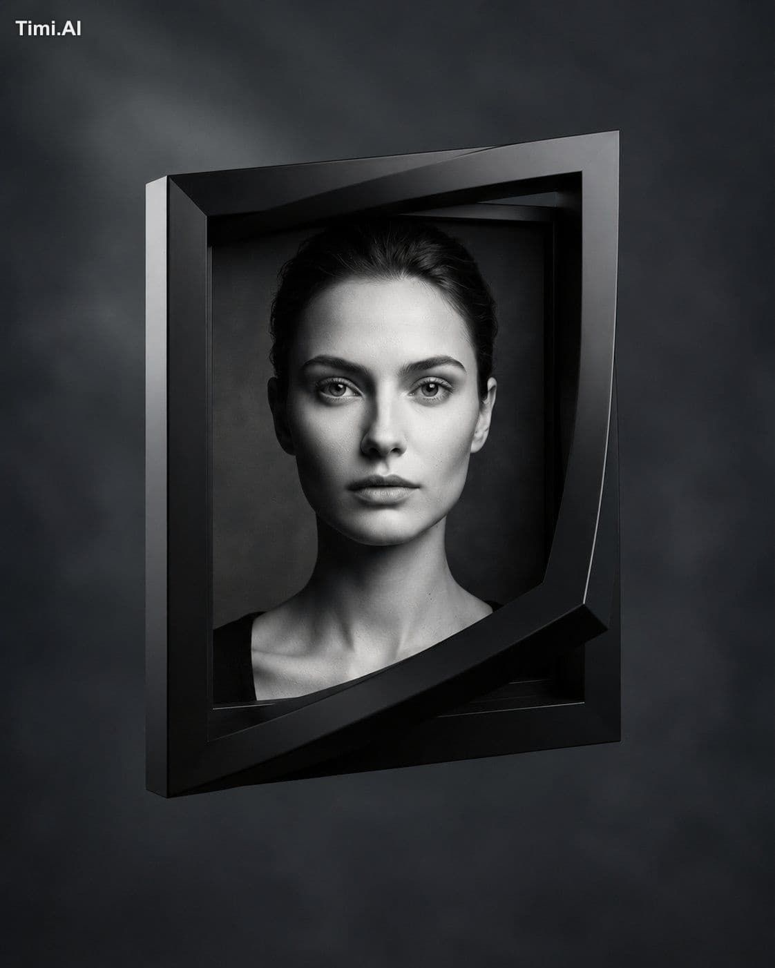 4:5
A photorealistic monochrome editorial portrait inside a