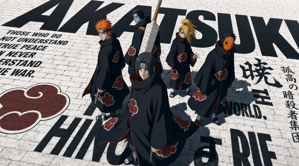 Five handsome Akatsuki members from Naruto standing at the c