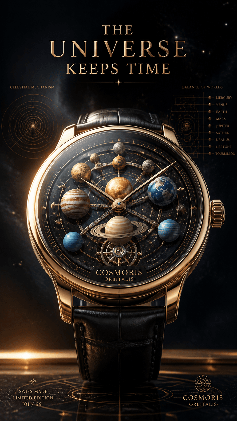 A premium 9:16 luxury watch advertising poster.Main Subject: