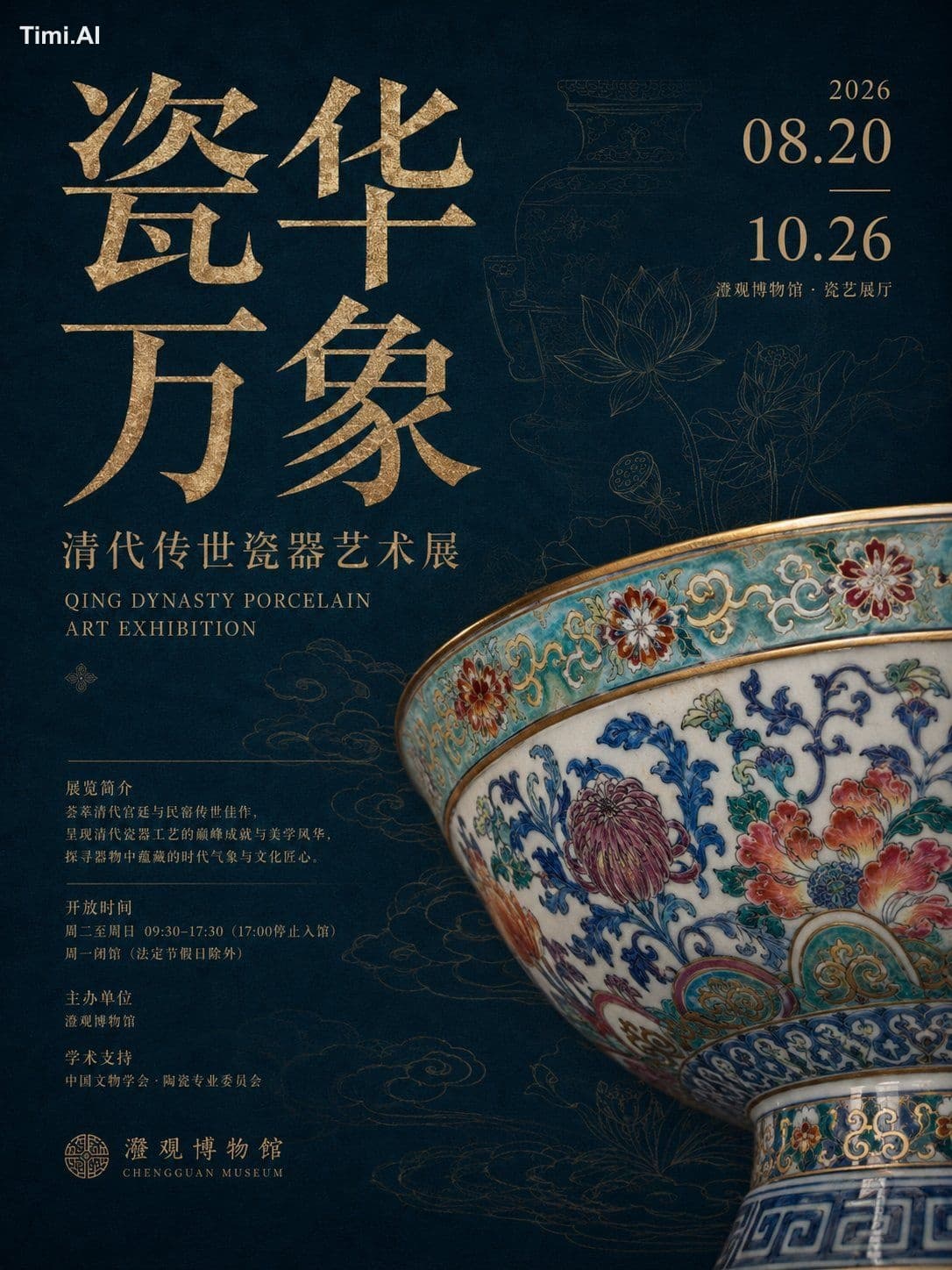 生成一张高级东方博物馆展陈海报。

主题：【主题名称】
中文标题：【中文主标题】
副标题：【中文副标题】
英文副标题：【