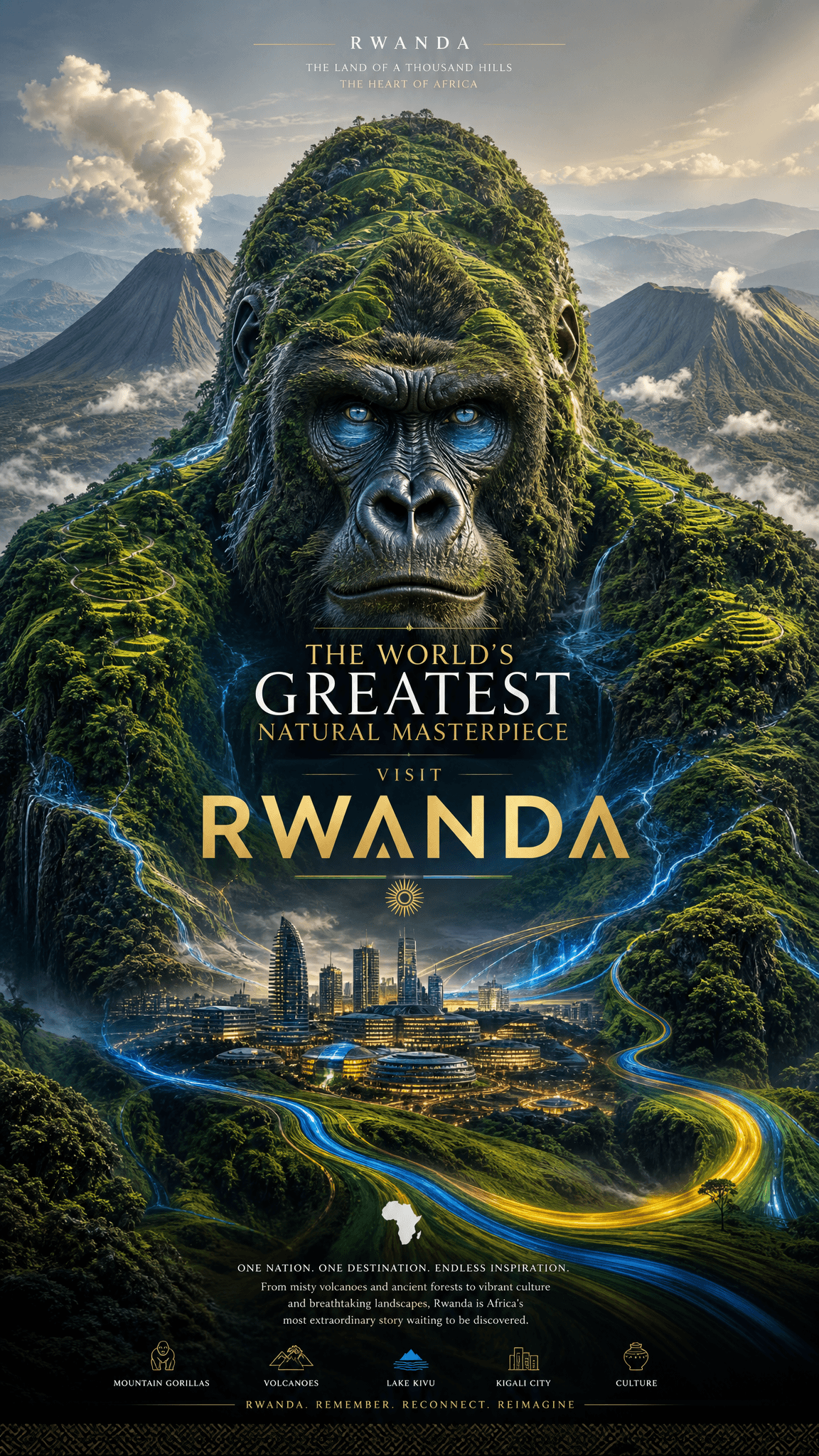 Create a revolutionary tourism poster for Rwanda where the e