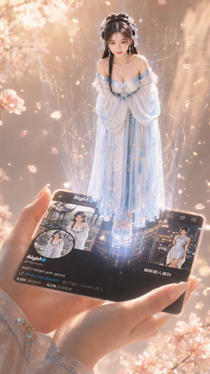 一只纤细优雅的手轻轻握着一张高度详细的X个人资料卡圖2，资料卡平放着，从资料卡表面浮现出一个全身站立的美丽少女圖1全息3