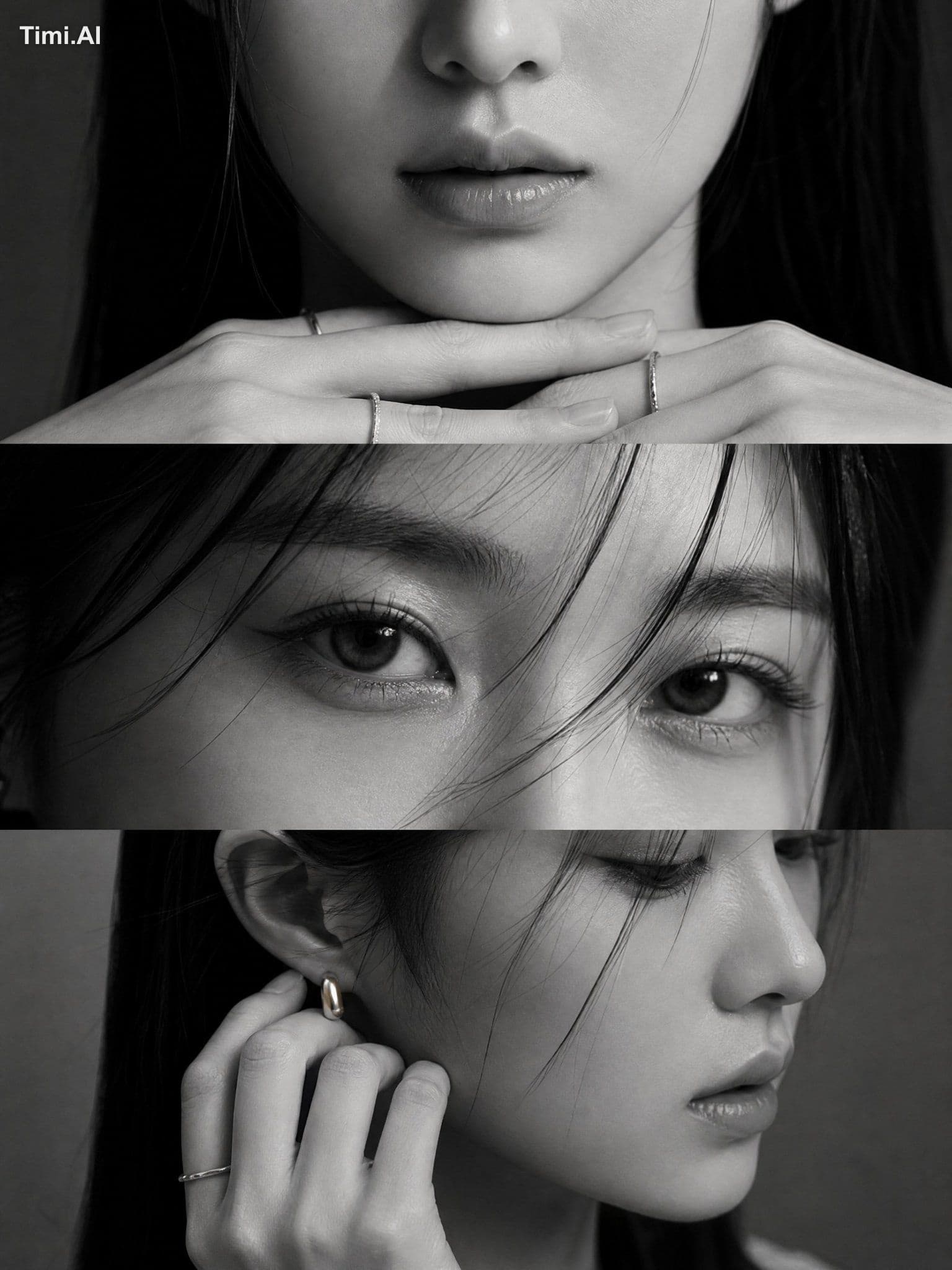 Elegant black-and-white studio editorial of a young Korean w