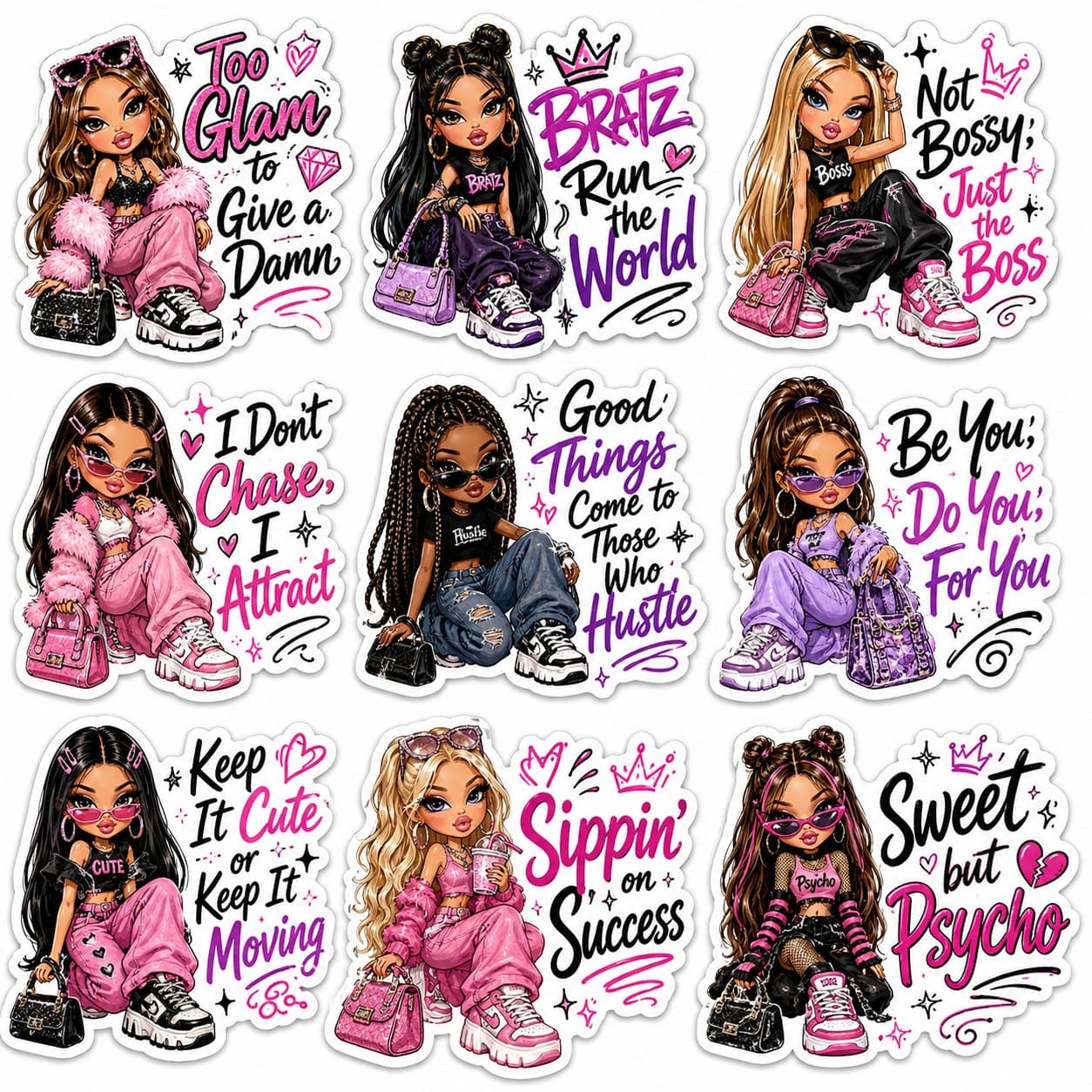 A premium sticker sheet featuring 9 Bratz-inspired fashion d