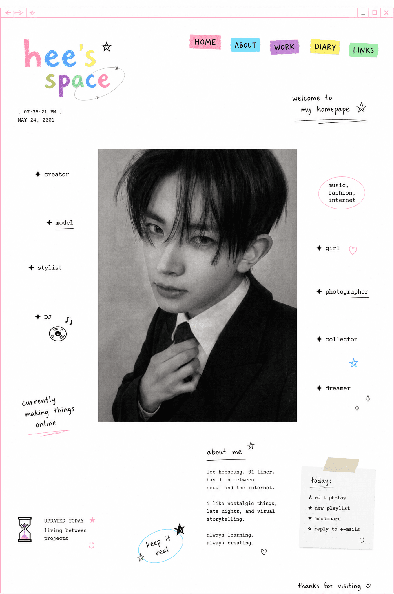 Design a minimal early-internet personal profile webpage / d