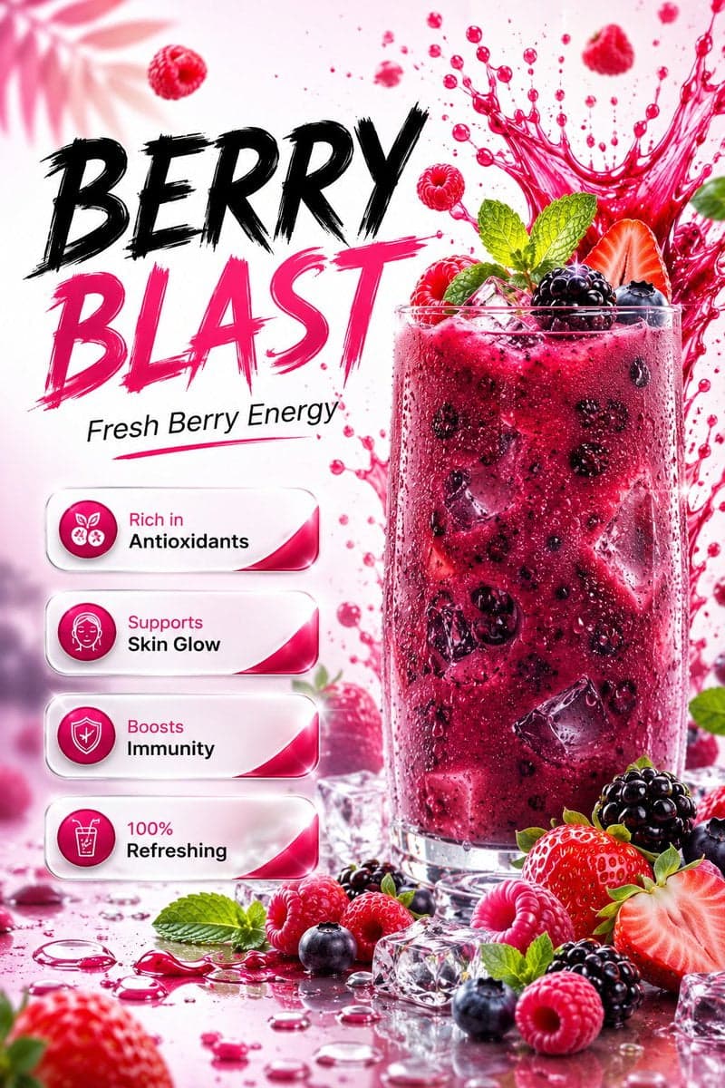 Ultra-realistic premium mixed berry beverage advertisement p