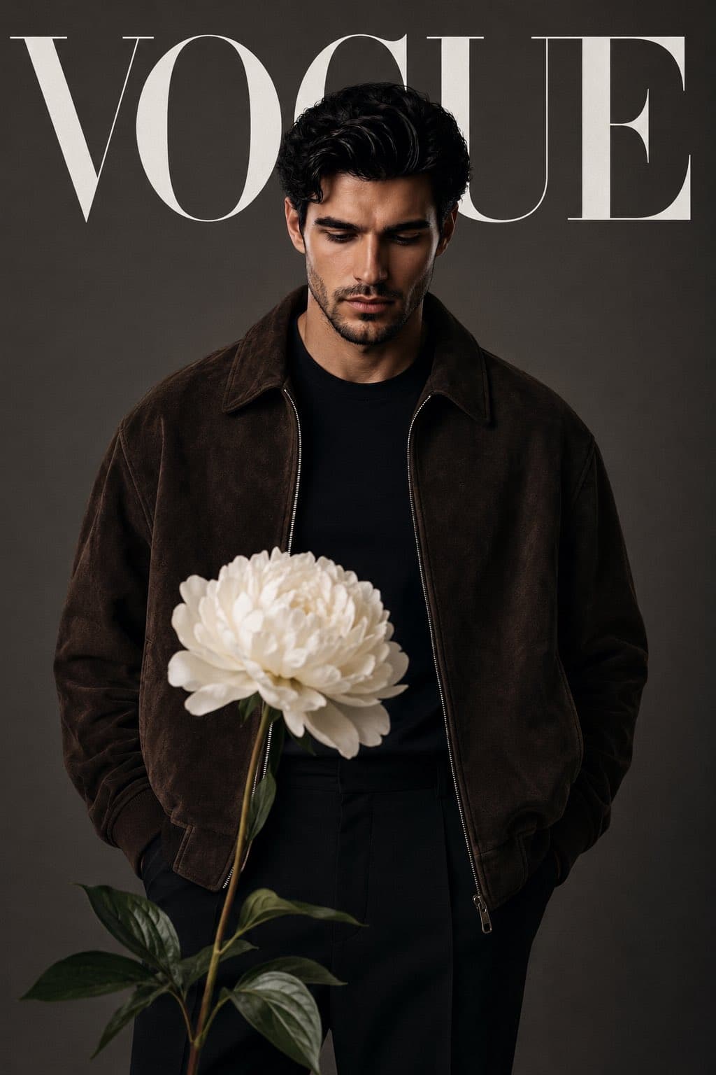 Create a luxury high fashion editorial magazine cover featur