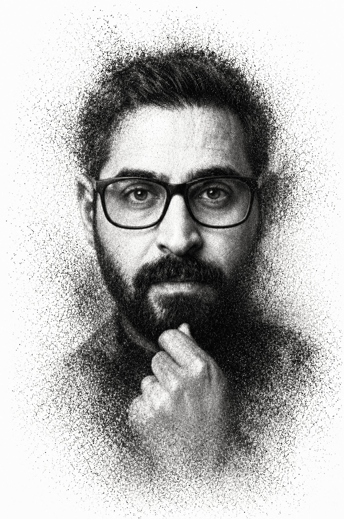 A high-contrast monochrome portrait depicts a man with a gro