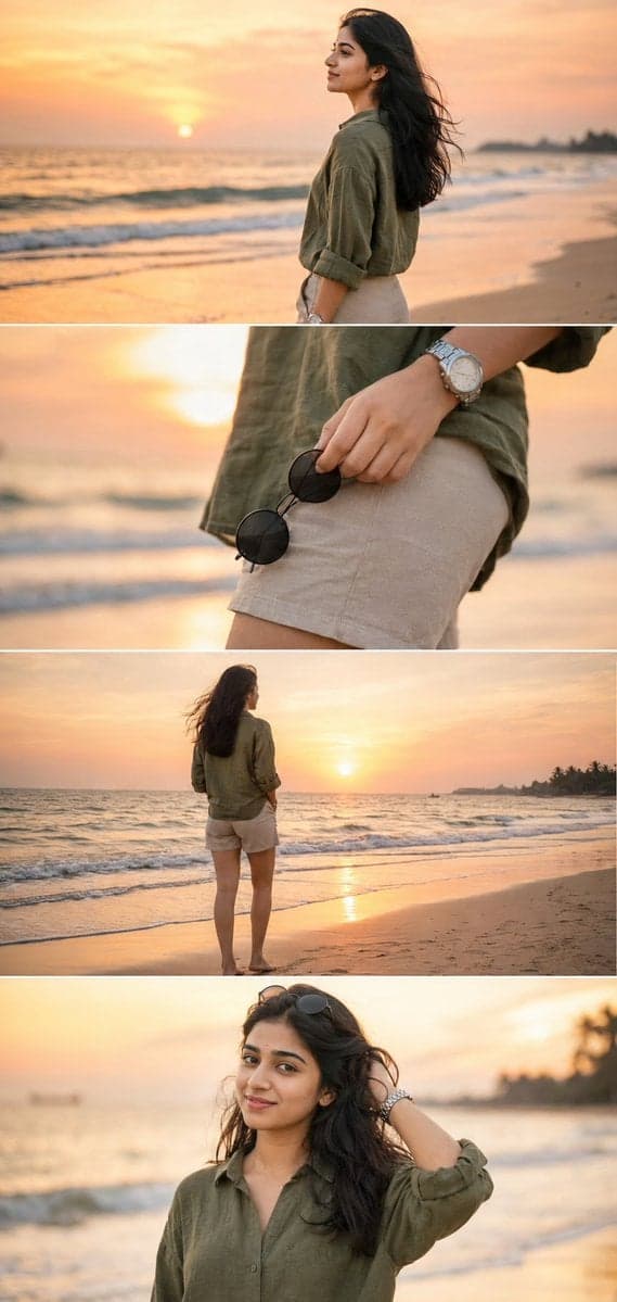 Ultra-realistic DSLR cinematic beach photoshoot collage feat
