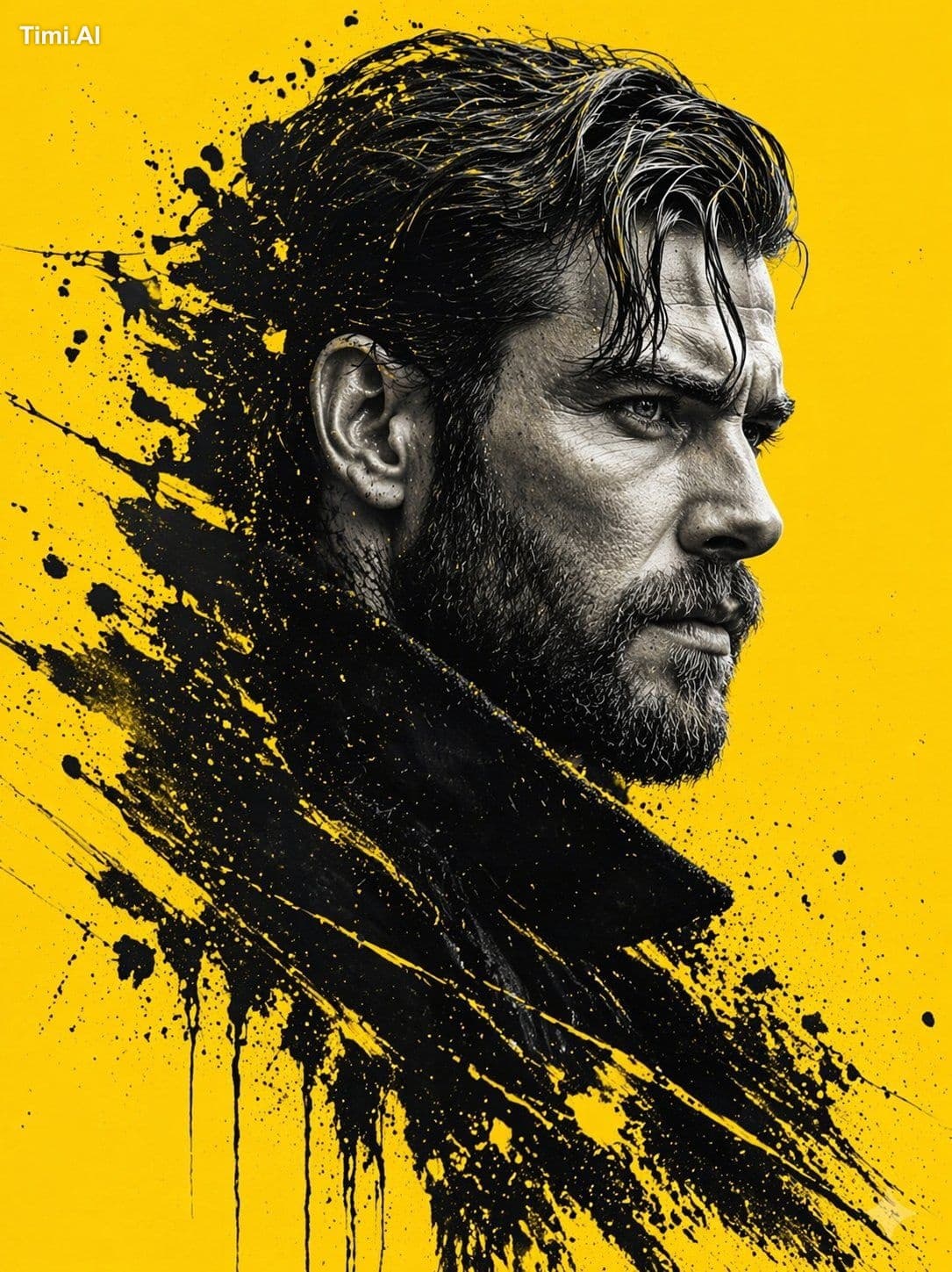 A dramatic side-profile portrait of a rugged bearded man wit
