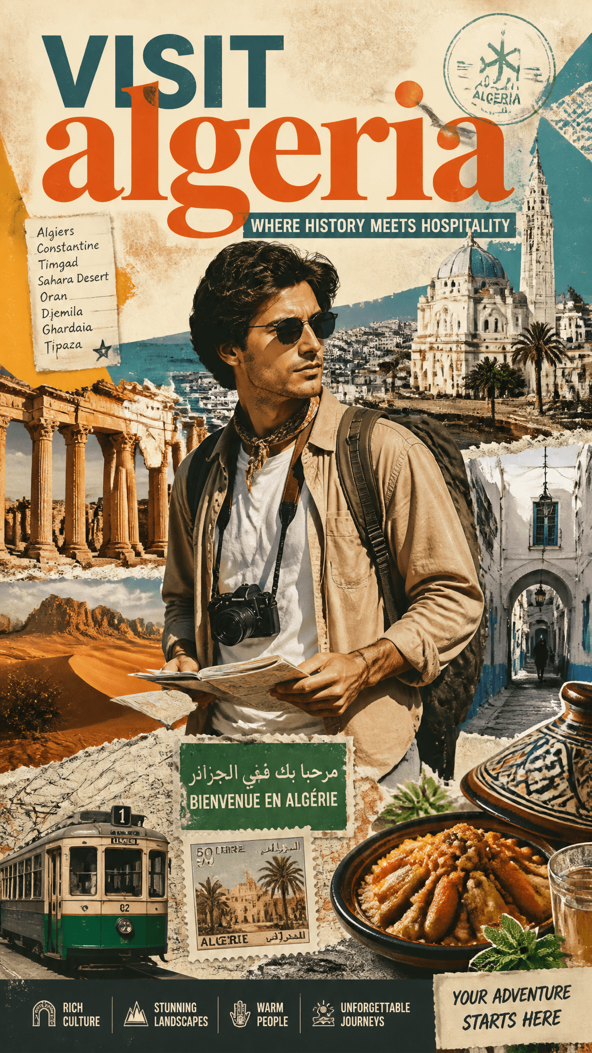 Create a stylized travel poster / graphic collage for [ALGER