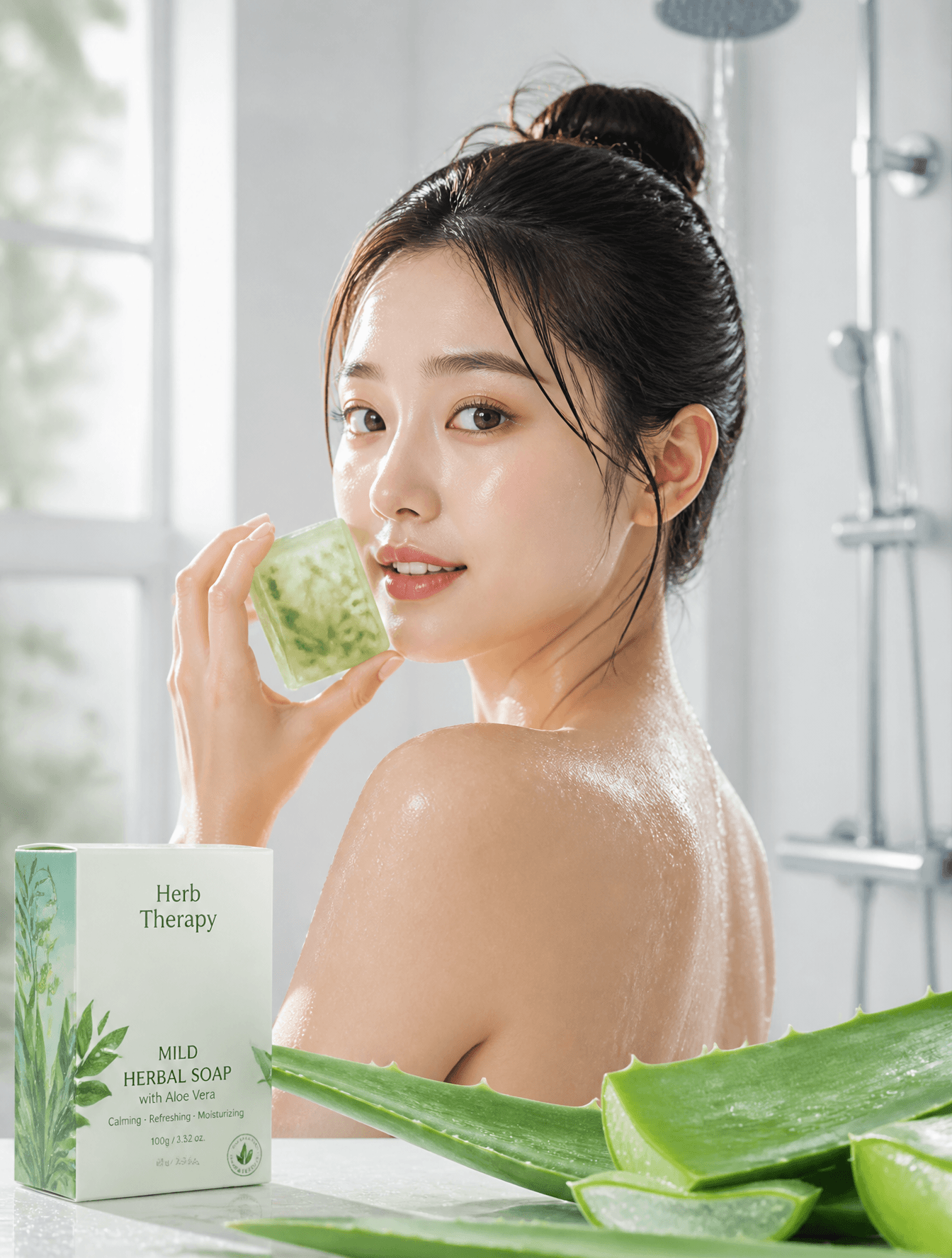 A young East Asian woman with a damp, dewy complexion and ha