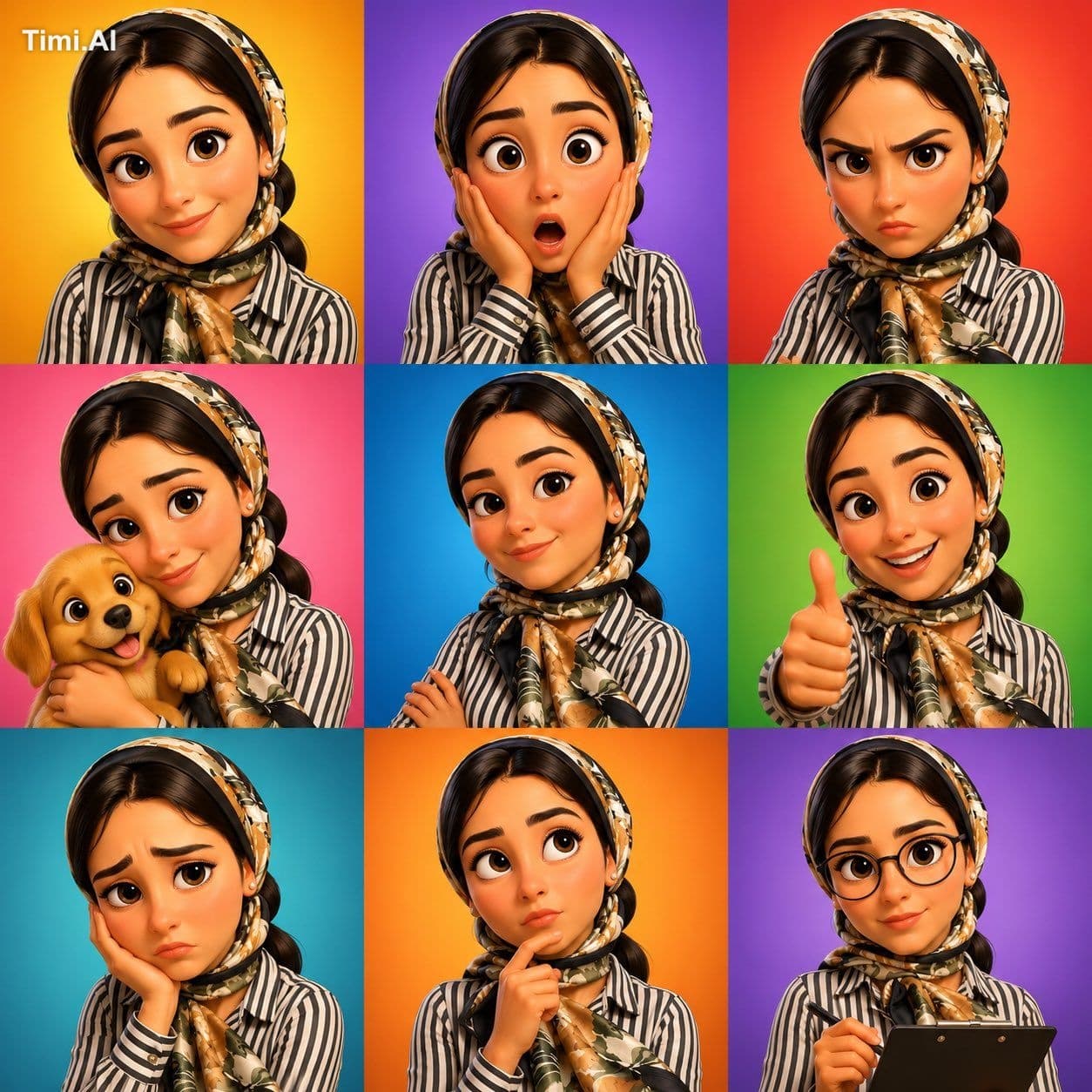 3D cartoon avatar character showing different emotions arran