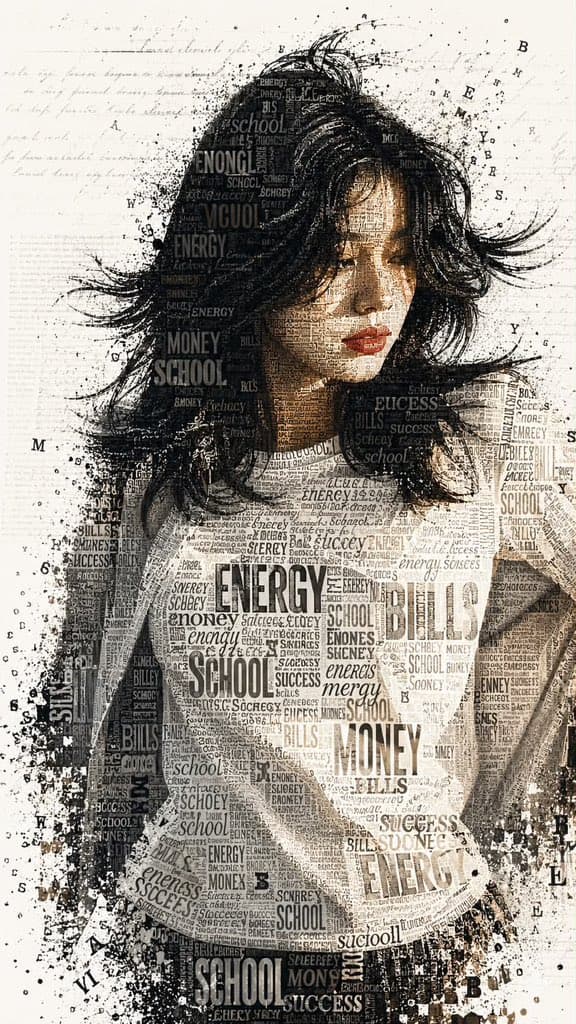 A striking typographic portrait of a young woman with a thou