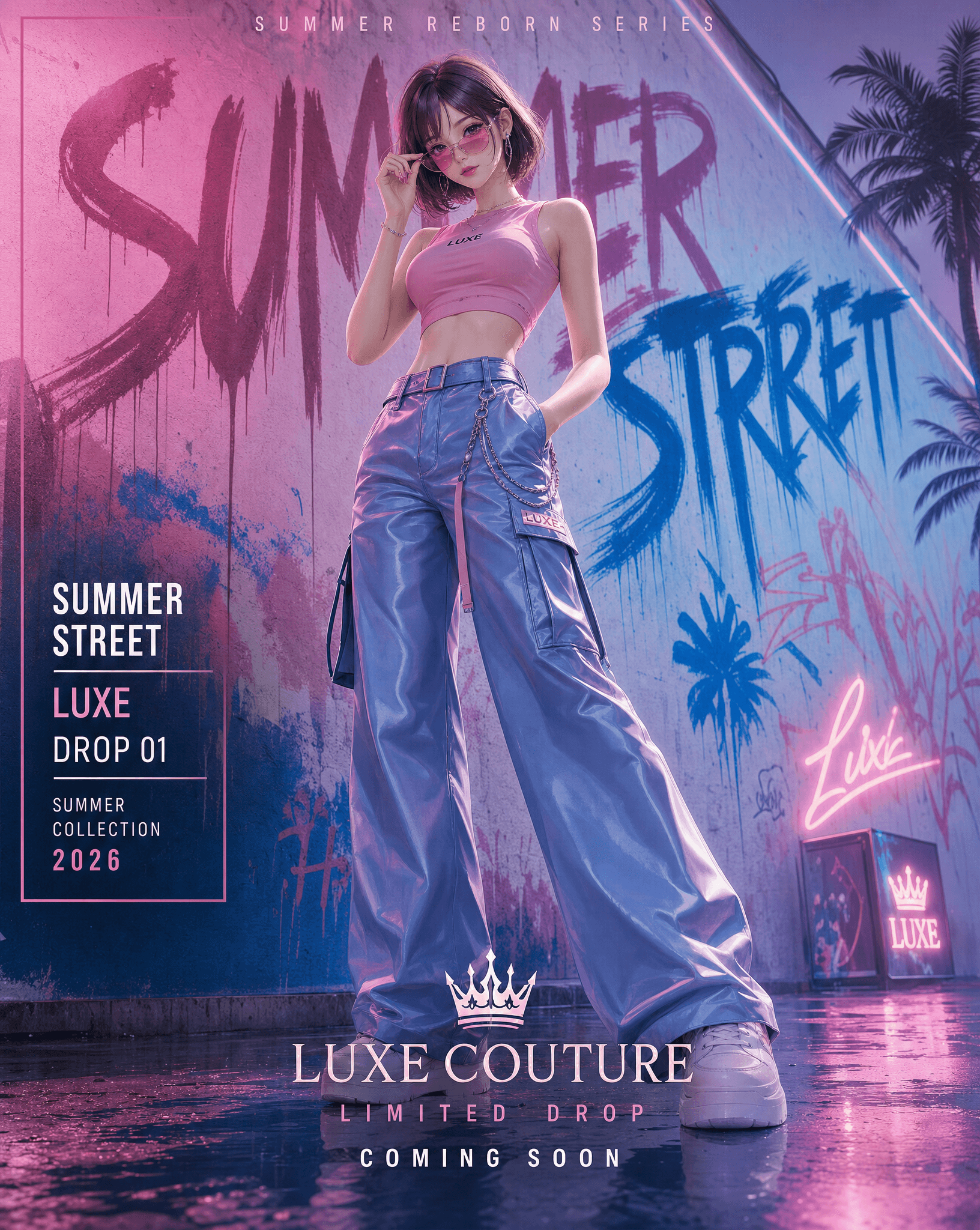 Create a vertical 4:5 high-end street fashion poster in a su