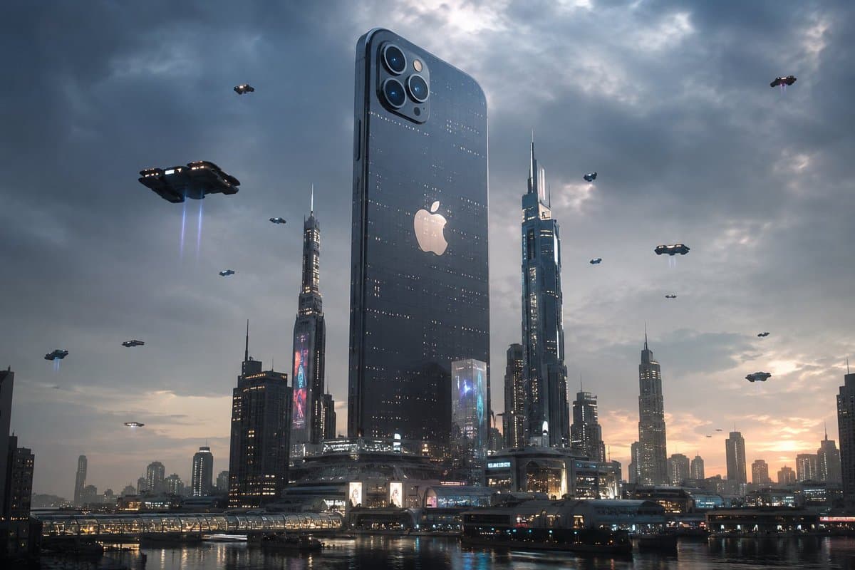 A futuristic city dominated by an enormous Apple iPhone stan