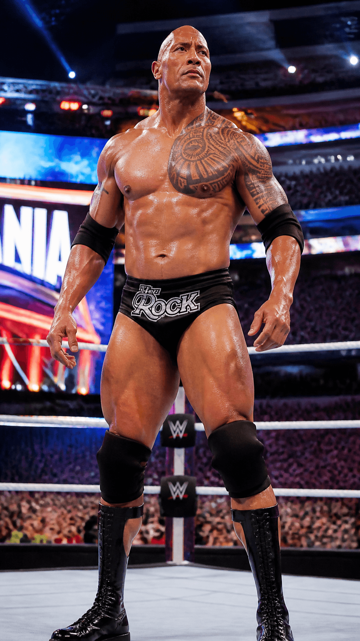 A hyper-realistic portrait of The Rock inside a massive wres