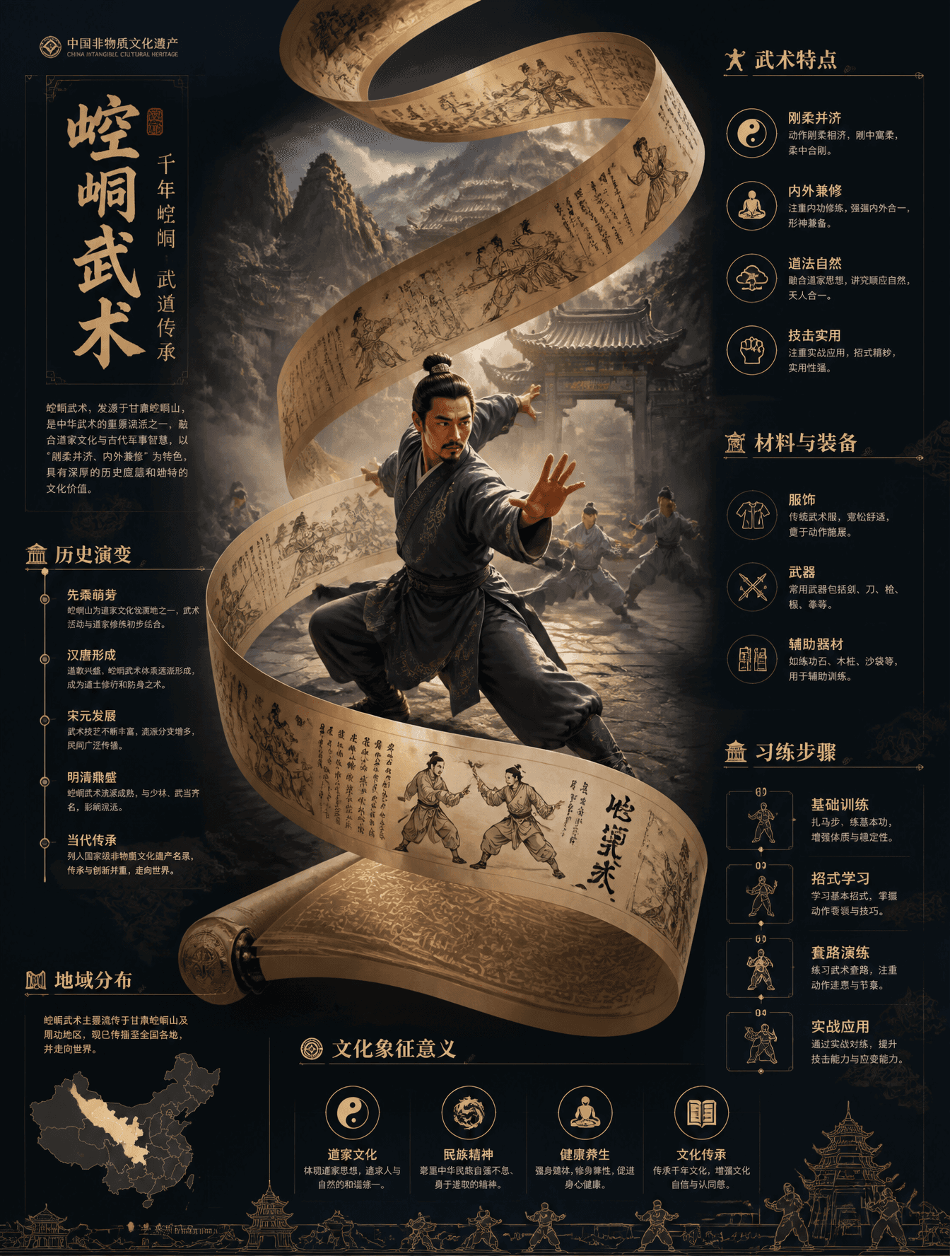 中国非物质文化遗产信息图海报,竖版3:4构图画面中心:展示崆峒武术的核心场景(工艺制作/表演/人物操作),具有强叙事感