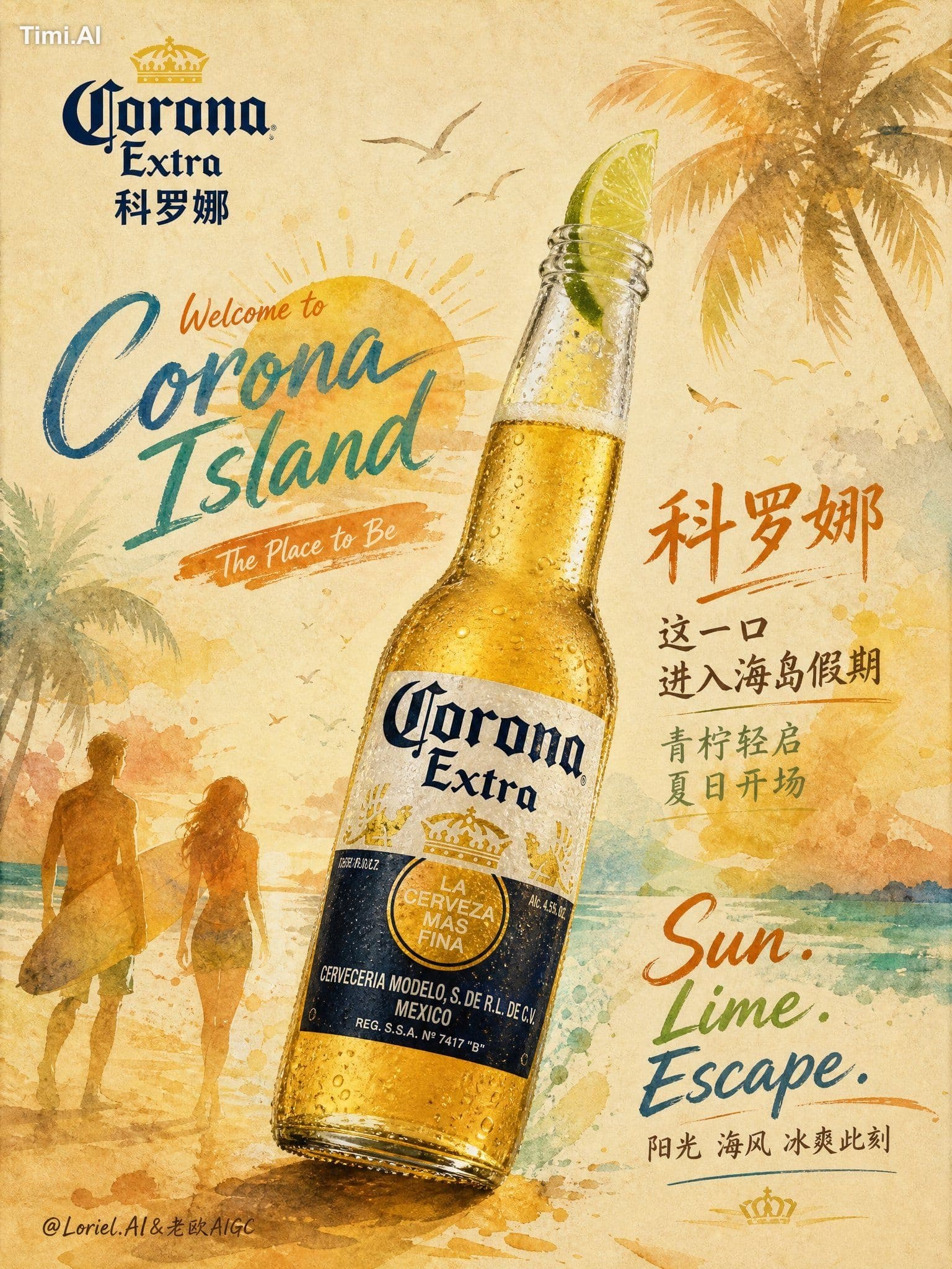 Corona branding, lime wedge, warm yellow-orange tropical dom