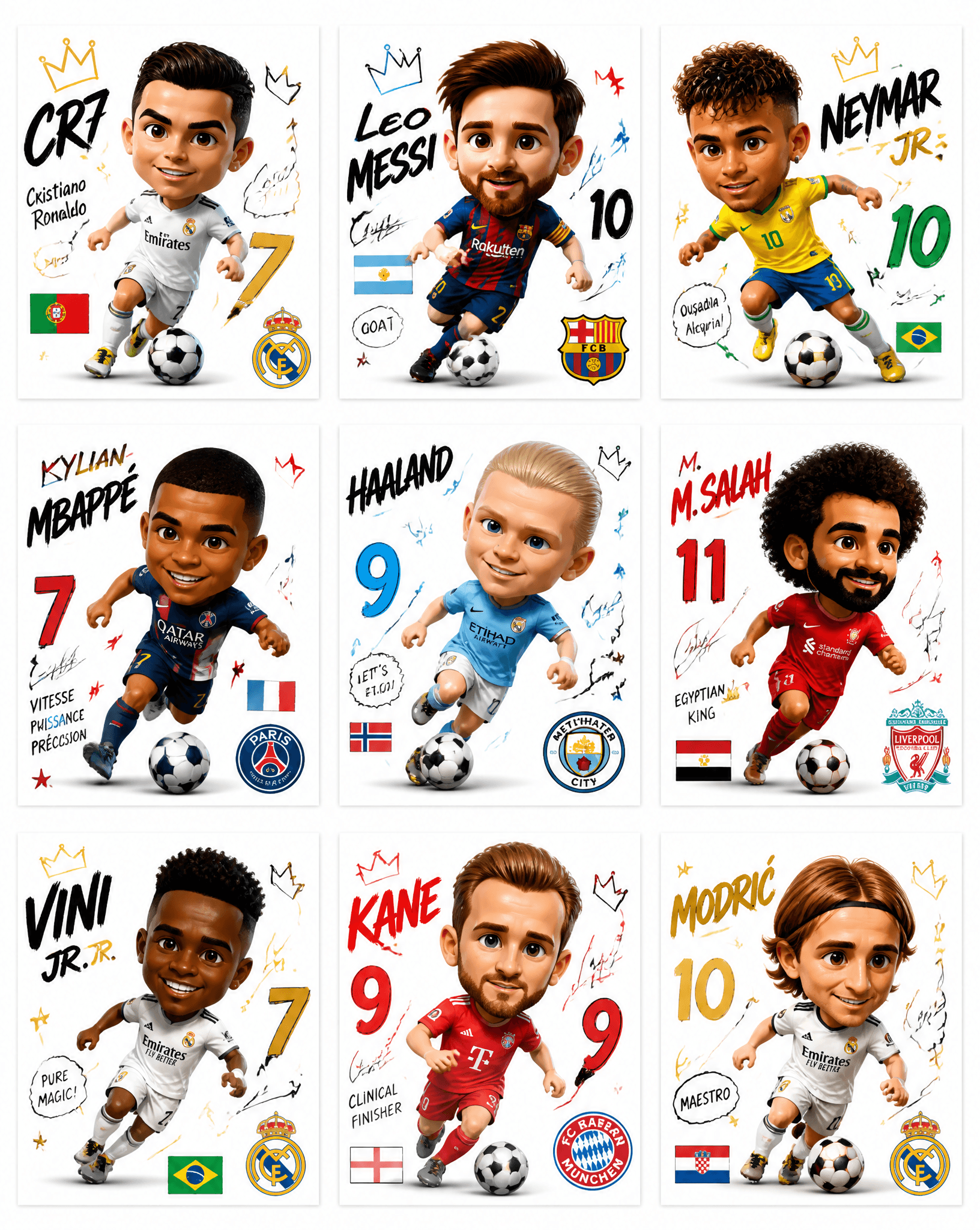 Create a collection of 9 square poster illustrations featuri